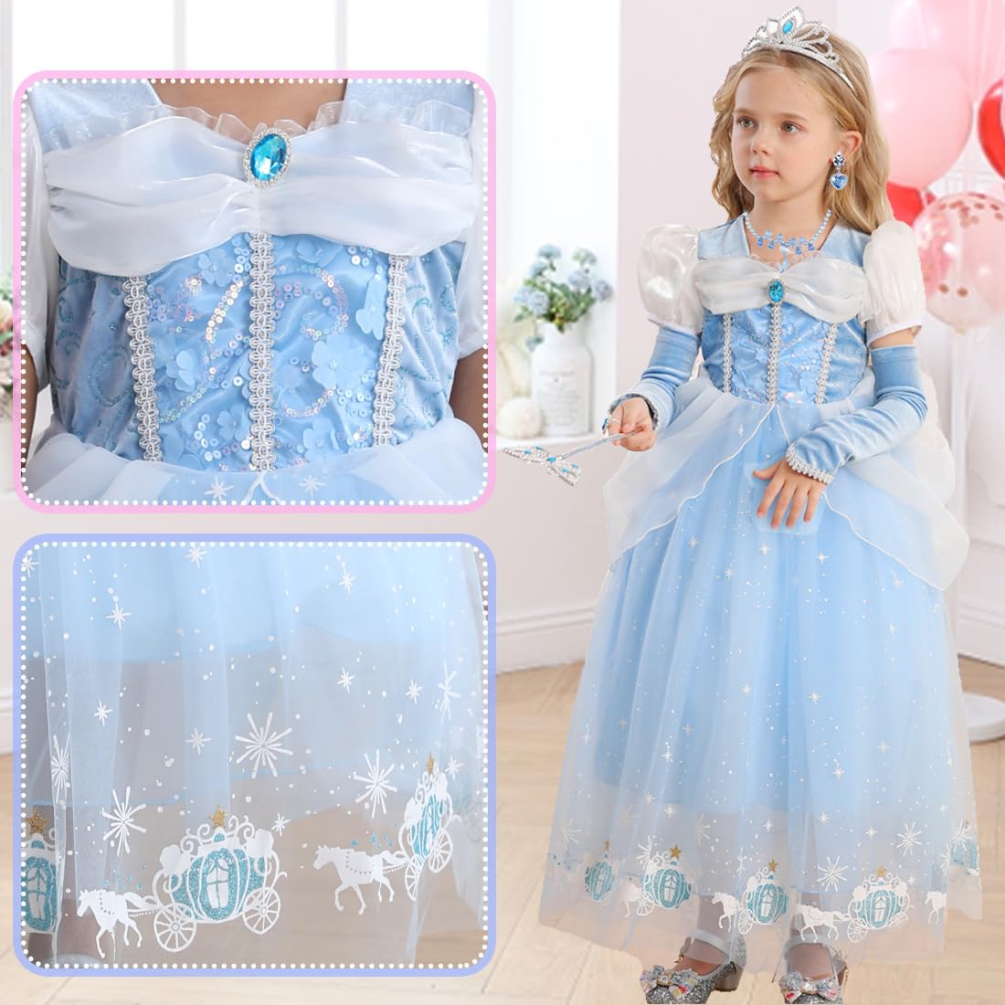 Girls Princess Dress Kids Halloween Carnival Party Cosplay Costume Toddler Puffy Sleeve Blue Fancy Outfit