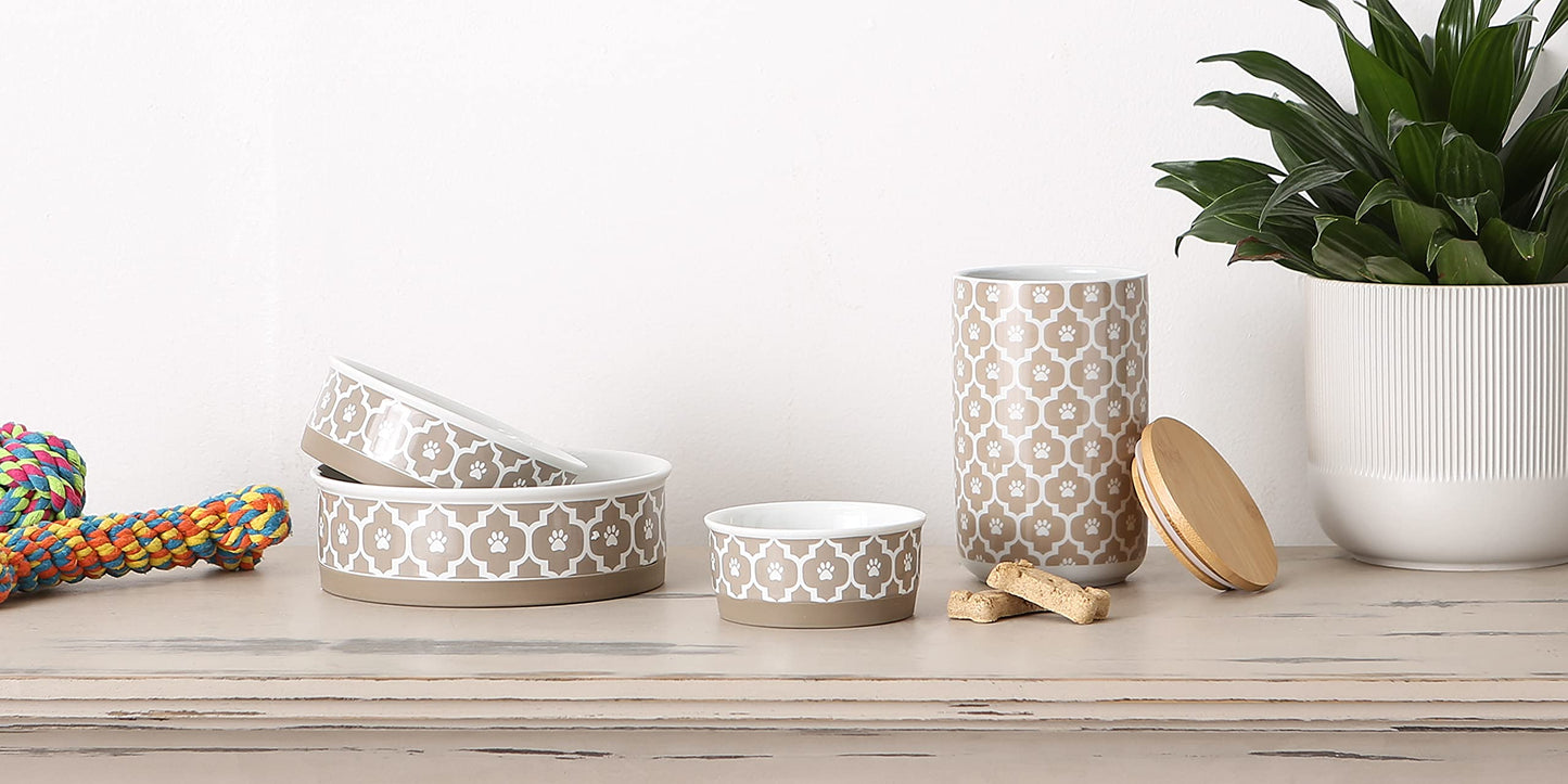 Bone Dry Paw Print Ceramic Pet Bowl, Lattice Collection, Large Set, 7.5x2.4", Aqua, 2 Count