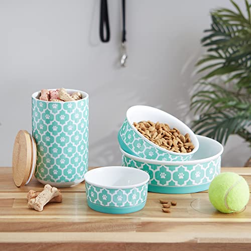 Bone Dry Paw Print Ceramic Pet Bowl, Lattice Collection, Large Set, 7.5x2.4", Aqua, 2 Count