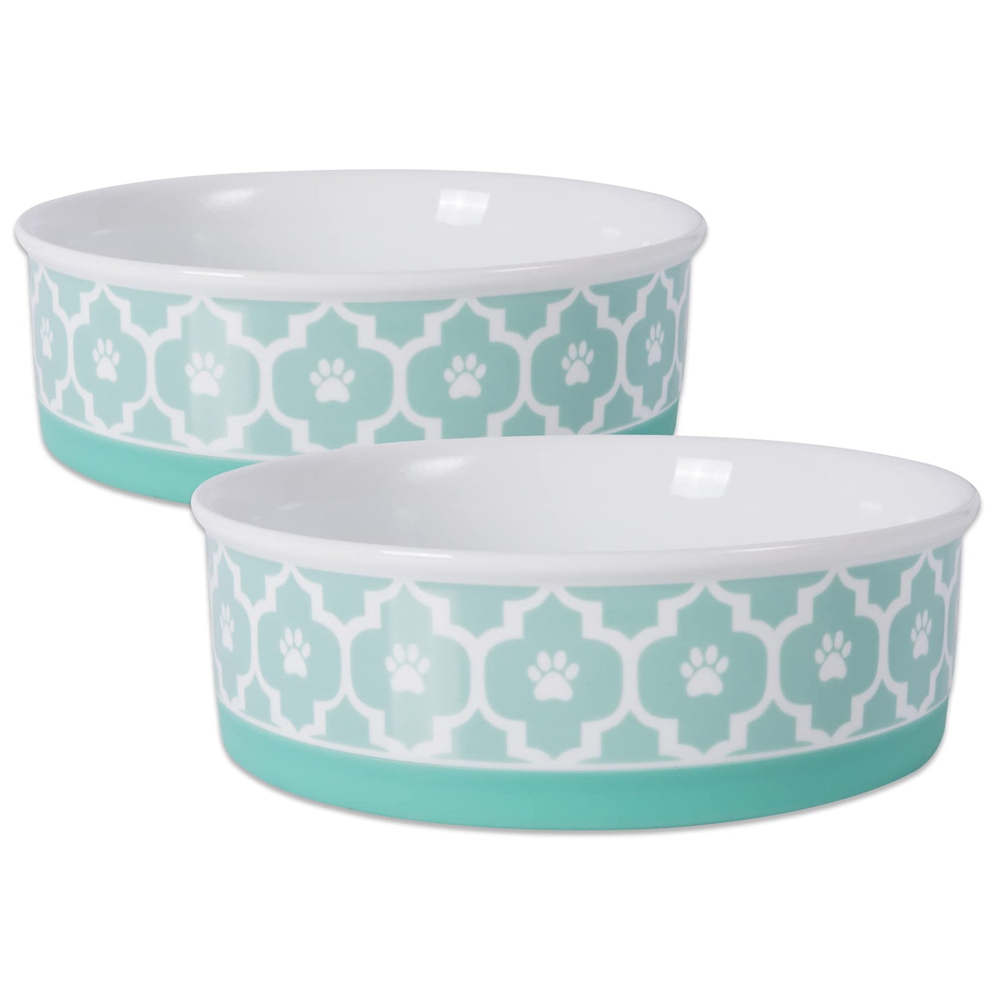 Bone Dry Paw Print Ceramic Pet Bowl, Lattice Collection, Large Set, 7.5x2.4", Aqua, 2 Count
