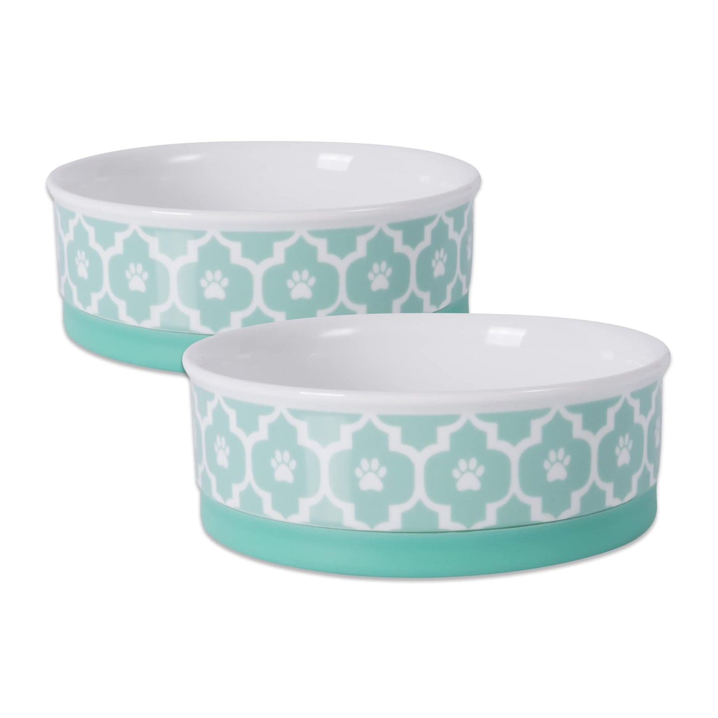 Bone Dry Paw Print Ceramic Pet Bowl, Lattice Collection, Large Set, 7.5x2.4", Aqua, 2 Count
