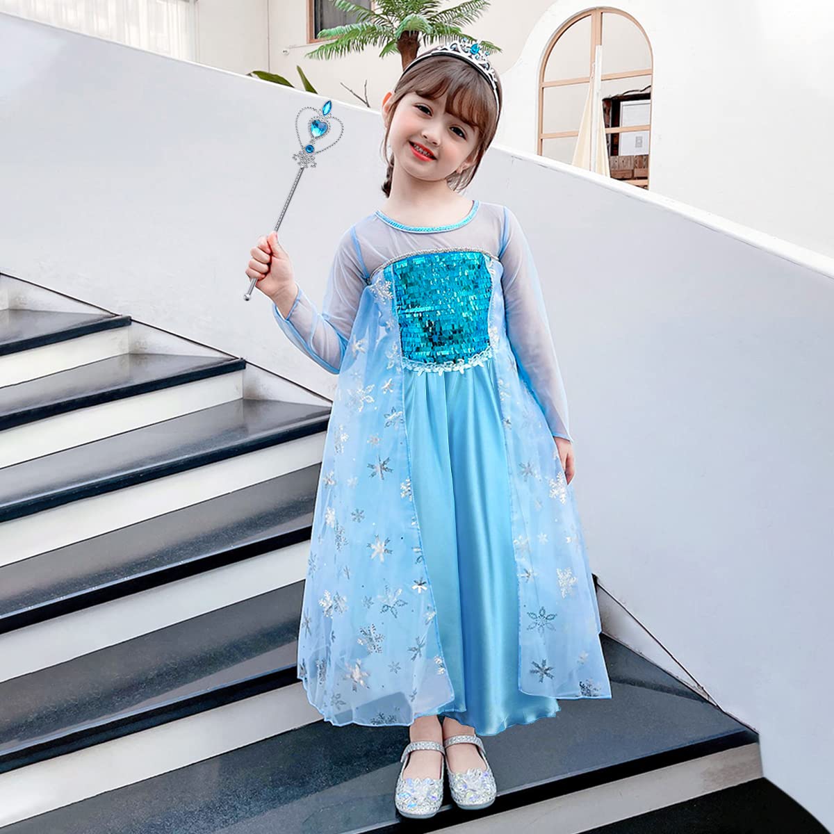 URAQT Princess Dress Costume for Girls Deluxe Fancy Dress Up Birthday Cosplay Costume with Crown Wand Accessories