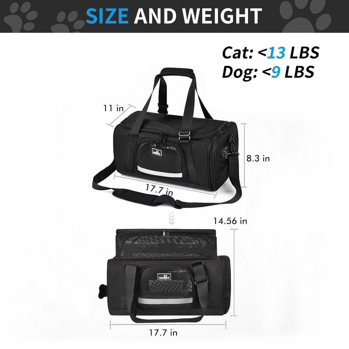 TSA Approved Pet Carrier for Small Cats Dogs, Travel Bag with Adequate Ventilation, 5 Mesh Windows, 3 Entrance, Locking Safety Zippers, Padded Shoulder and Carrying Strap, Small