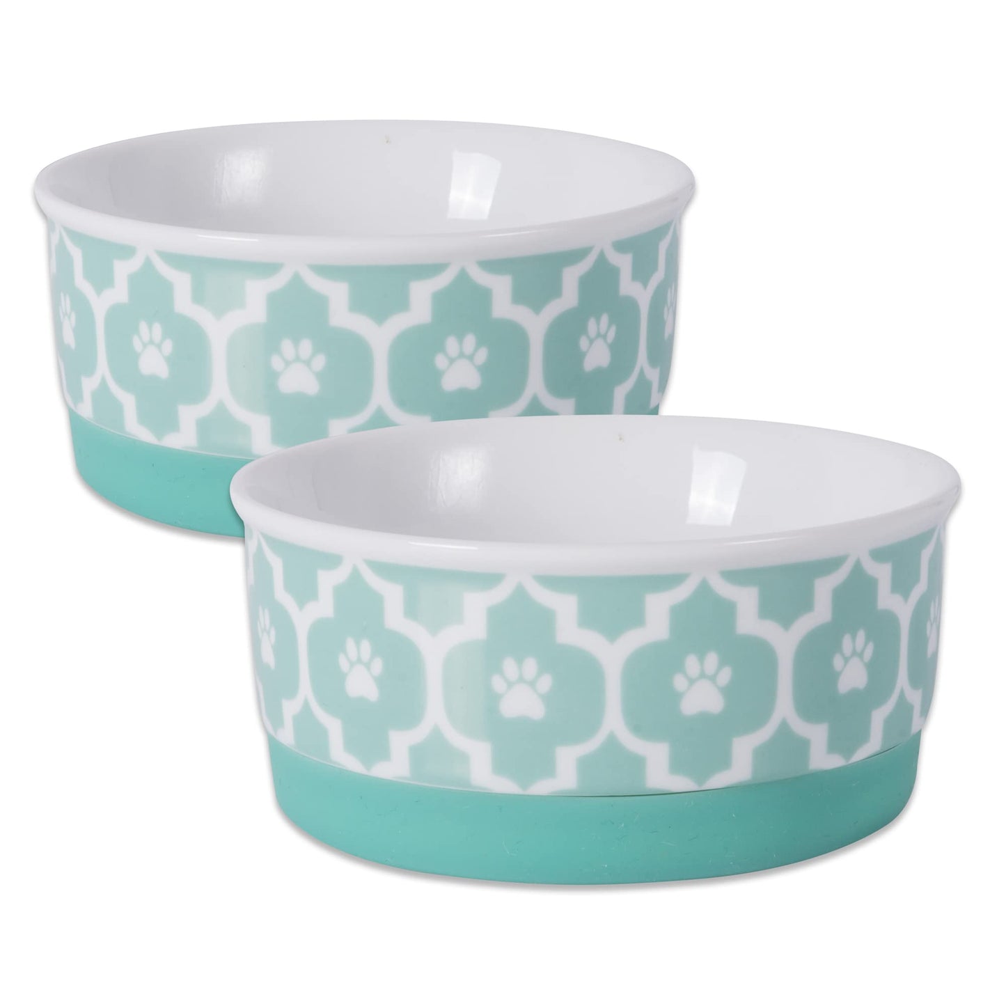 Bone Dry Paw Print Ceramic Pet Bowl, Lattice Collection, Large Set, 7.5x2.4", Aqua, 2 Count
