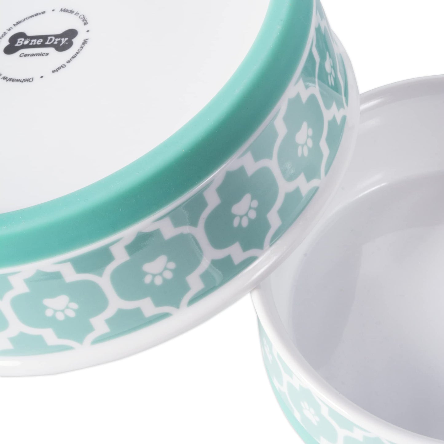 Bone Dry Paw Print Ceramic Pet Bowl, Lattice Collection, Large Set, 7.5x2.4", Aqua, 2 Count