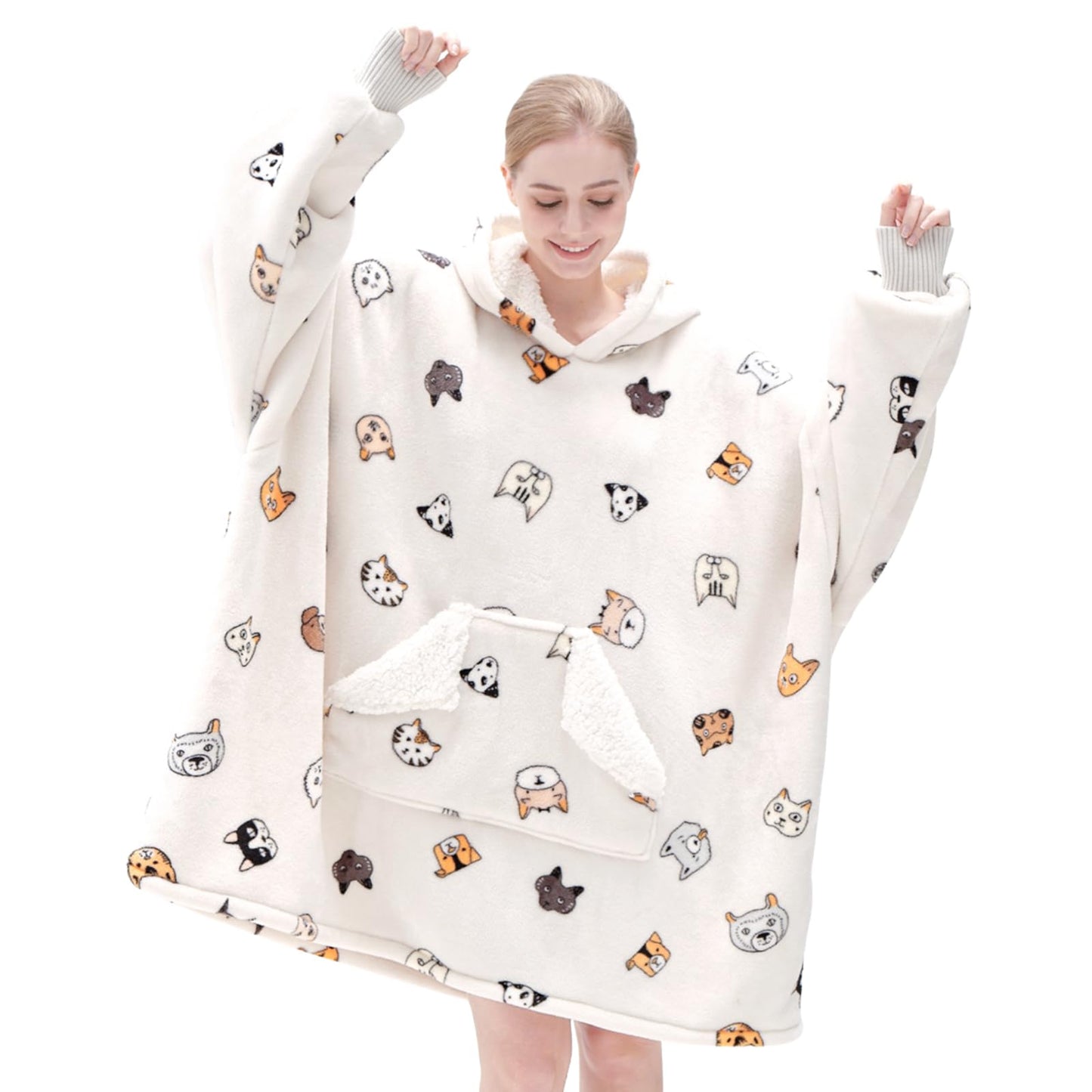 Touchat Wearable Blanket Hoodie, Oversized Sherpa Fleece Sweatshirt Blanket with Giant Hood Pocket and Sleeves for Adult, Warm & Cozy Grey Blanket Gifts for Women