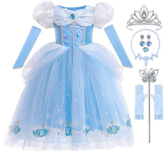 Girls Princess Dress Kids Halloween Carnival Party Cosplay Costume Toddler Puffy Sleeve Blue Fancy Outfit
