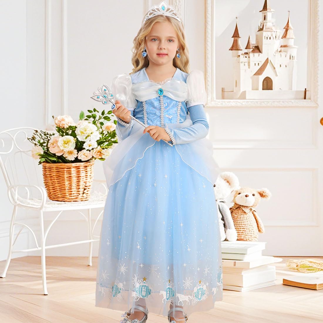 Girls Princess Dress Kids Halloween Carnival Party Cosplay Costume Toddler Puffy Sleeve Blue Fancy Outfit