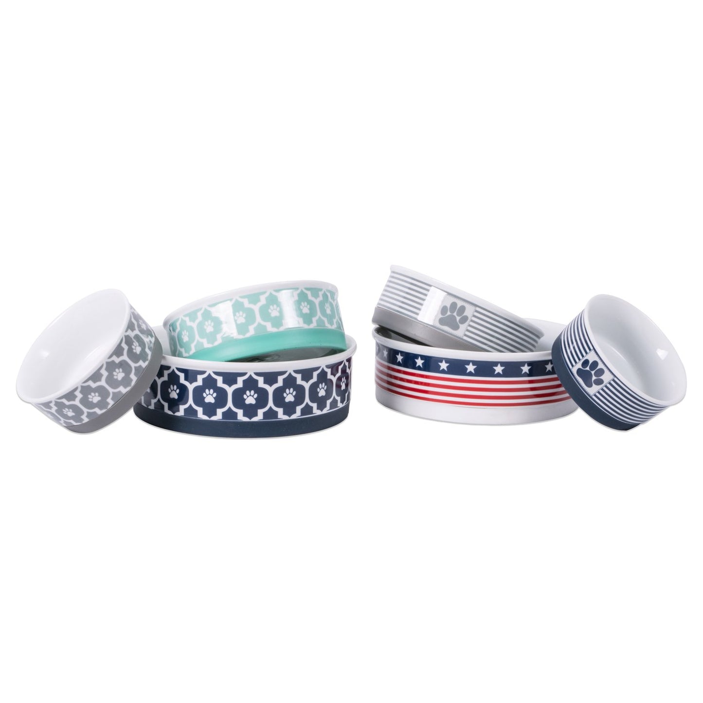 Bone Dry Paw Print Ceramic Pet Bowl, Lattice Collection, Large Set, 7.5x2.4", Aqua, 2 Count