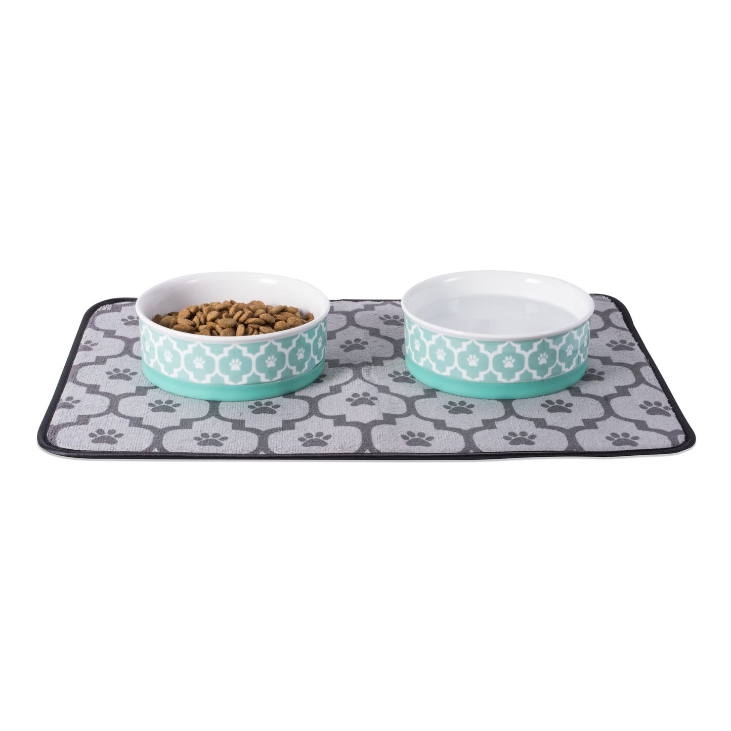 Bone Dry Paw Print Ceramic Pet Bowl, Lattice Collection, Large Set, 7.5x2.4", Aqua, 2 Count