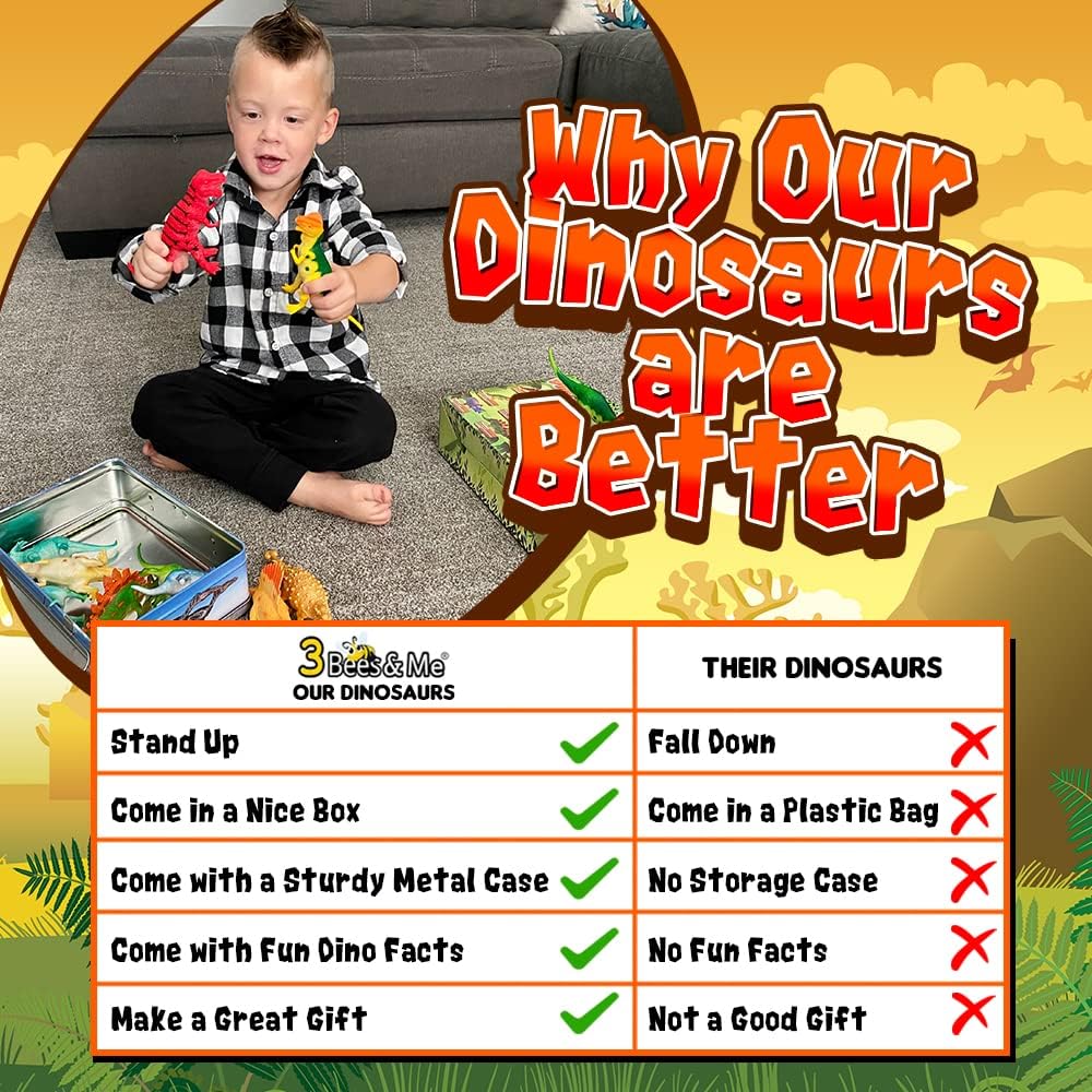 3 Bees & Me Dinosaur Toys for Kids 3-5 & 5-7 Boys & Girls - 12 6" Fun Prehistoric Animal Action Figures with Storage Box, Age 3+, Girls & Boys Dinosaur Toys for Toddlers & Kids