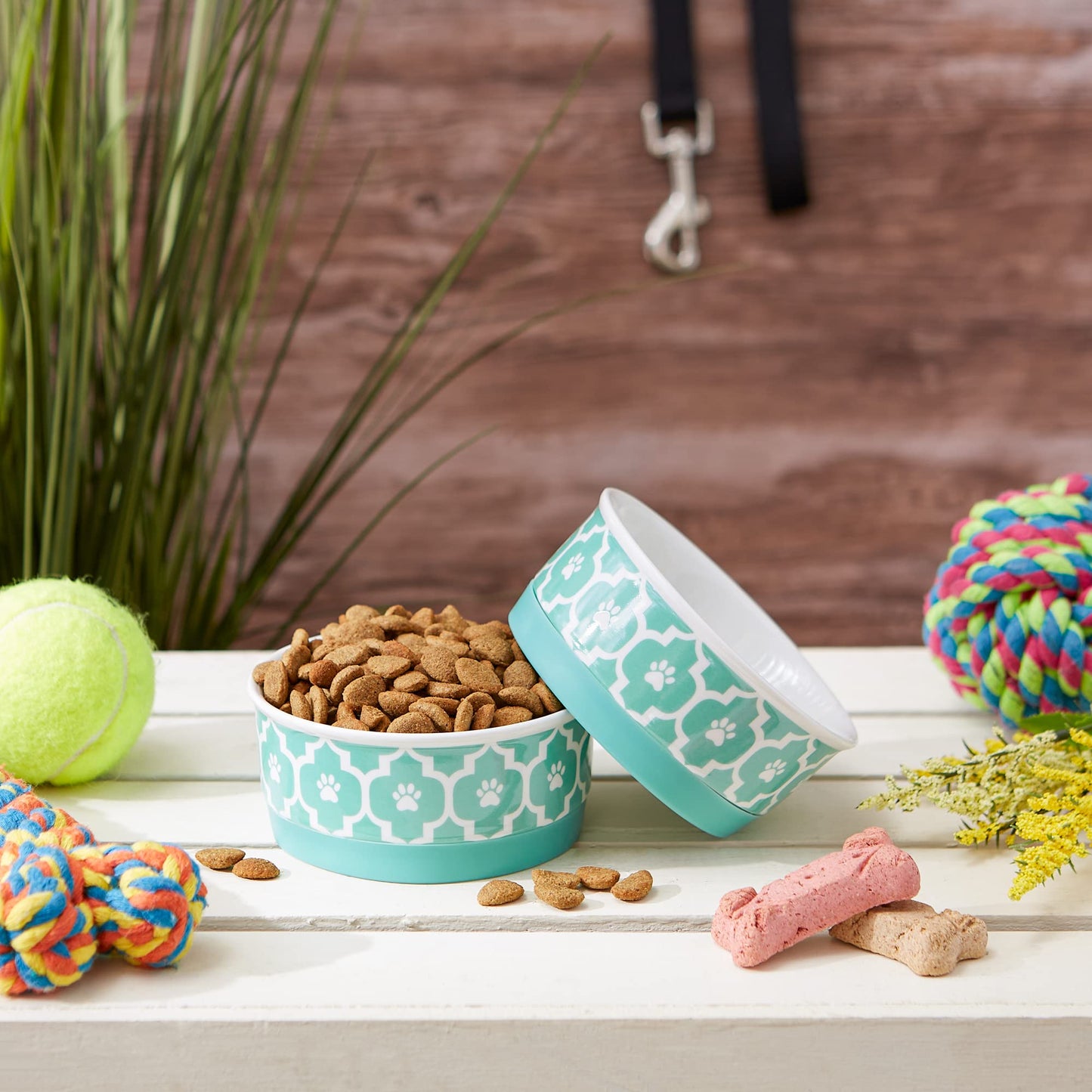 Bone Dry Paw Print Ceramic Pet Bowl, Lattice Collection, Large Set, 7.5x2.4", Aqua, 2 Count