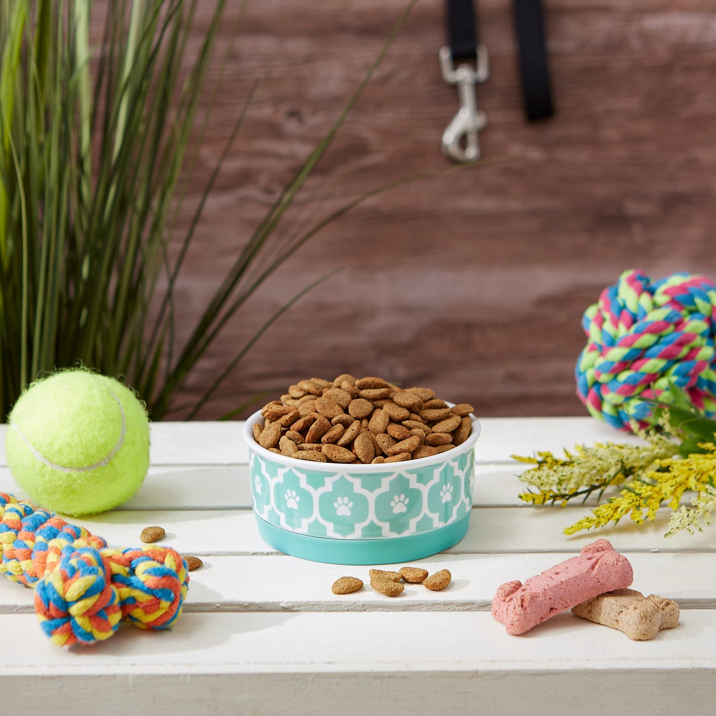 Bone Dry Paw Print Ceramic Pet Bowl, Lattice Collection, Large Set, 7.5x2.4", Aqua, 2 Count