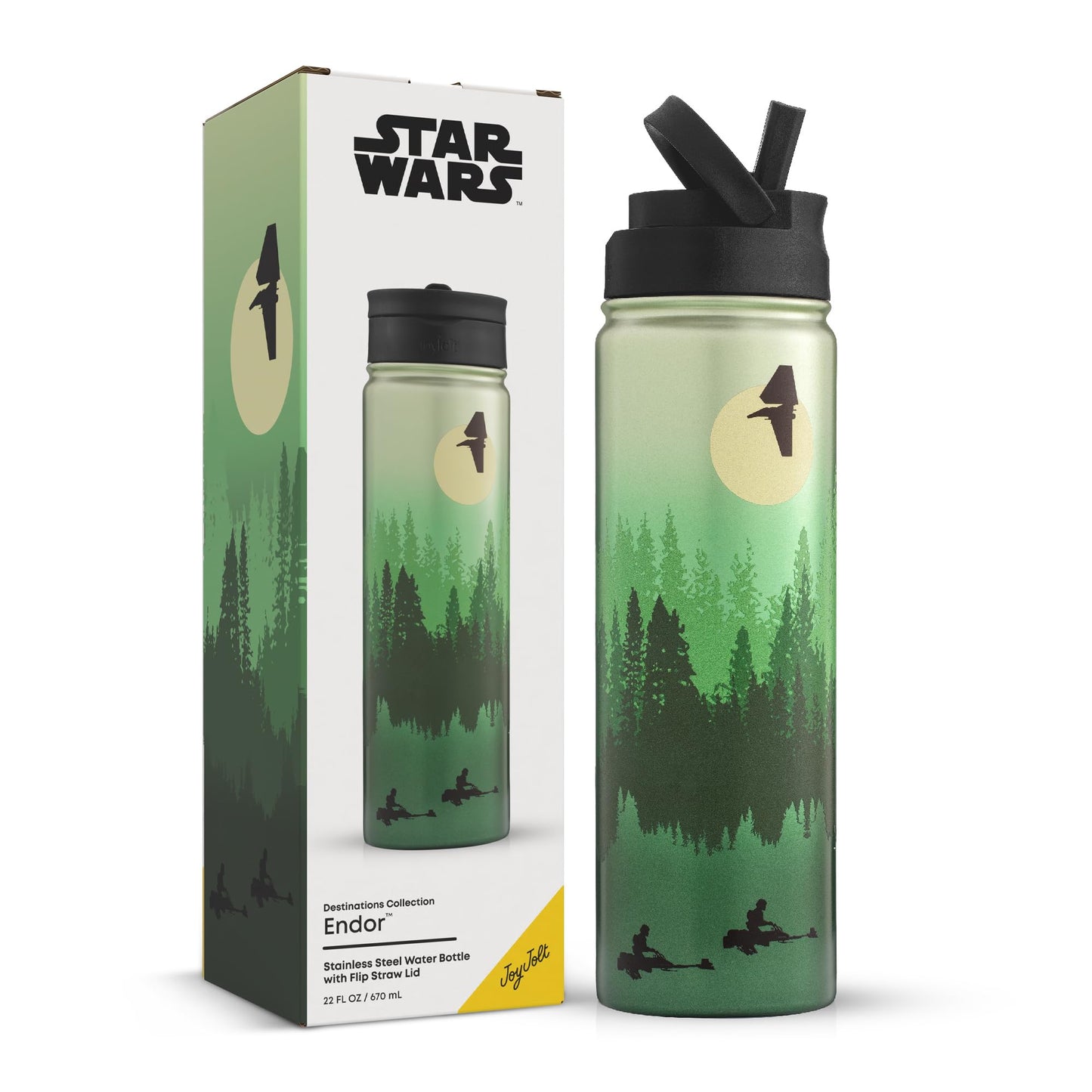 JoyJolt Stainless Steel 22 oz Star Wars Water Bottle with Straw Lid, BPA-Free Sports and Travel Vacuum Insulated Water Bottle, Destination Collection Death Star Bottle, Star Wars Gifts
