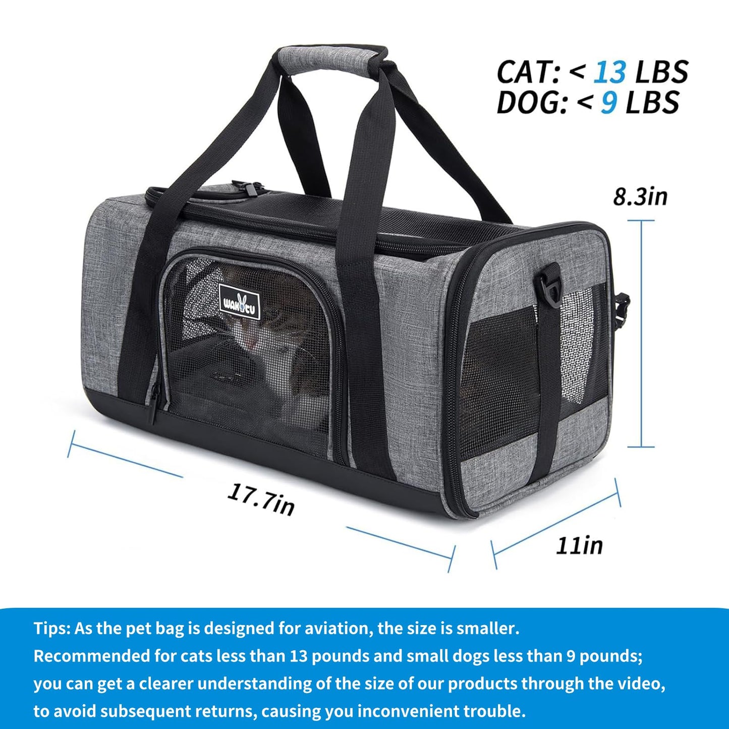 TSA Approved Pet Carrier for Small Cats Dogs, Travel Bag with Adequate Ventilation, 5 Mesh Windows, 3 Entrance, Locking Safety Zippers, Padded Shoulder and Carrying Strap, Small