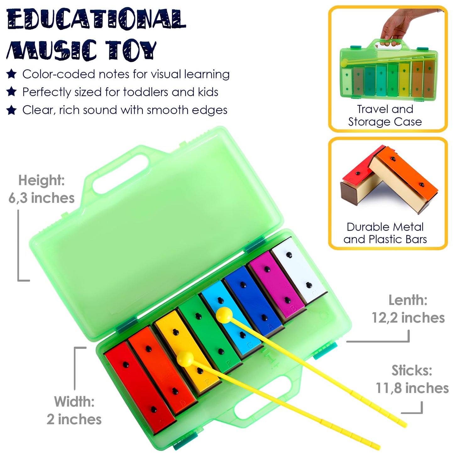 MINIARTIS Glockenspiel Xylophone | 25 Note Colorful Metal Keys Xylophone for Kids | Percussion Musical Instrument | Educational Music Toy Includes Music Songbook, Mallets and Yellow Carry Case