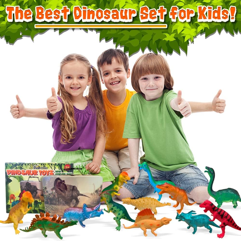 3 Bees & Me Dinosaur Toys for Kids 3-5 & 5-7 Boys & Girls - 12 6" Fun Prehistoric Animal Action Figures with Storage Box, Age 3+, Girls & Boys Dinosaur Toys for Toddlers & Kids