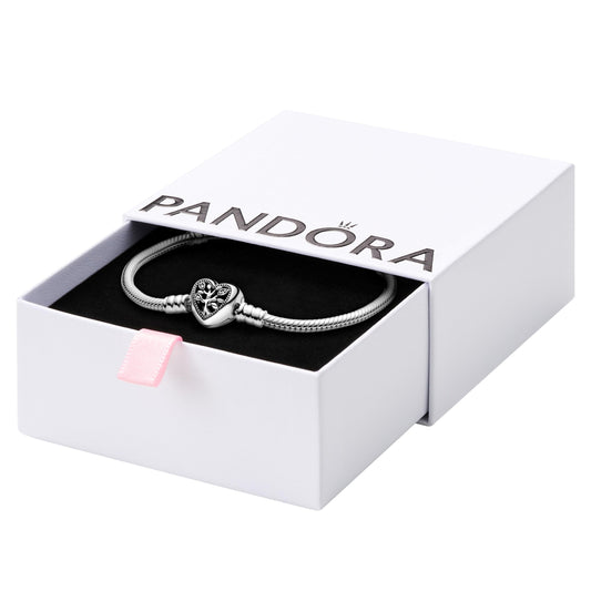 Pandora Moments Family Tree Heart Clasp Snake Chain Bracelet - Compatible Moments Charms - Gift for Her - Sterling Silver with Cubic Zirconia - With Gift Box