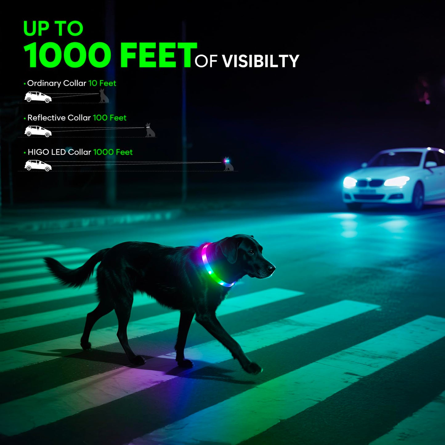 LED Dog Collar - HIGO Light Up Dog Collars Glow in The Dark, USB Rechargeable LED Dog Necklace Light for Your Dogs Walking at Night (Green-Silicone)