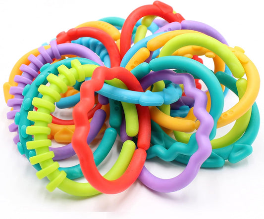 24 Pack Baby Teether Rings Links Toys Colorful Round Connecting Ring for Rattle Strollers Car Seat Travel Toys - Suit for Baby, Infant, Newborn, Kids(Rainbow Colors)