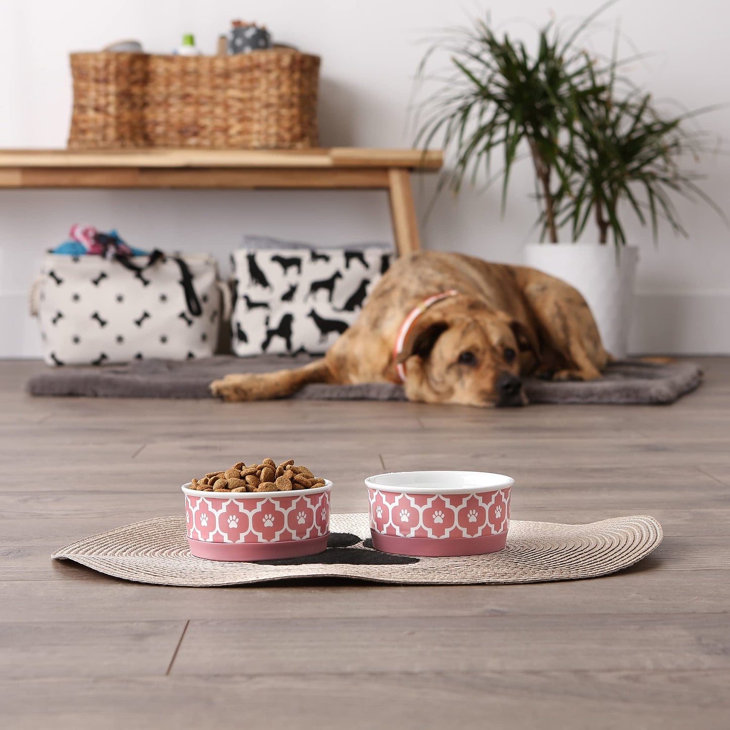 Bone Dry Paw Print Ceramic Pet Bowl, Lattice Collection, Large Set, 7.5x2.4", Aqua, 2 Count