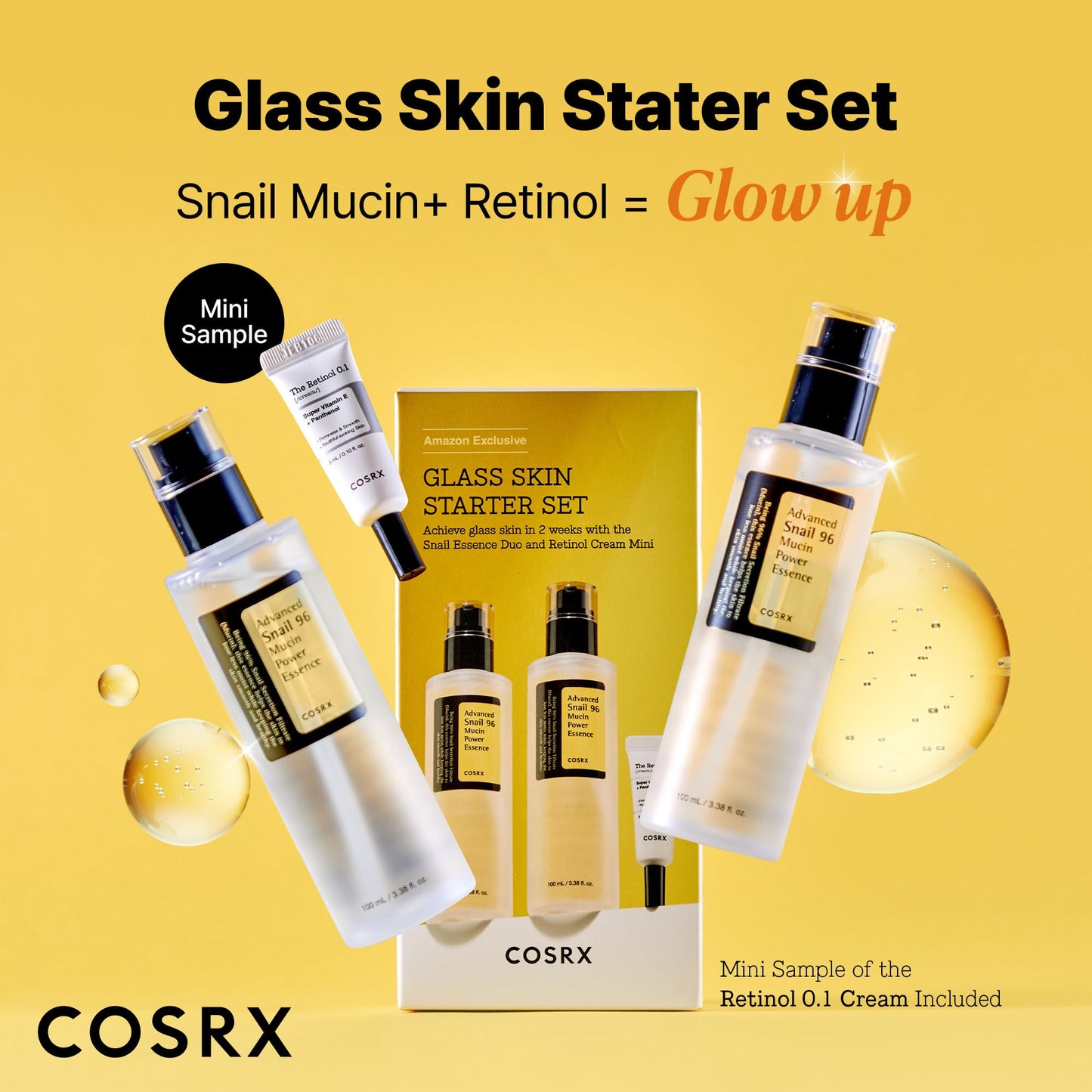 COSRX Snail 96% Mucin Power Essence 2ea & Retinol 0.1% Cream Mini Sample 1ea, Glass Skin Starter Set, Amazon Exclusive, Daily Hydrating & Firming Korean Skin Care Kit, Gift Set, Stocking Stuffers
