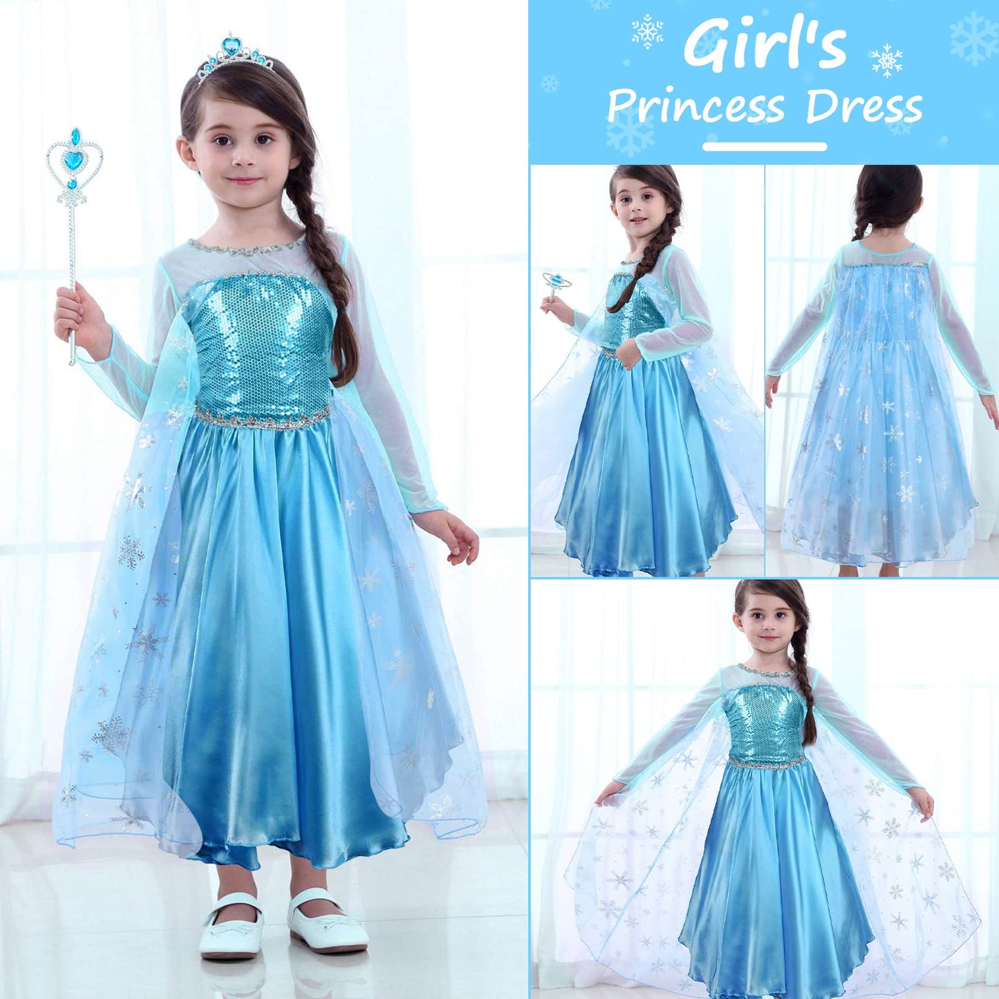 URAQT Princess Dress Costume for Girls Deluxe Fancy Dress Up Birthday Cosplay Costume with Crown Wand Accessories