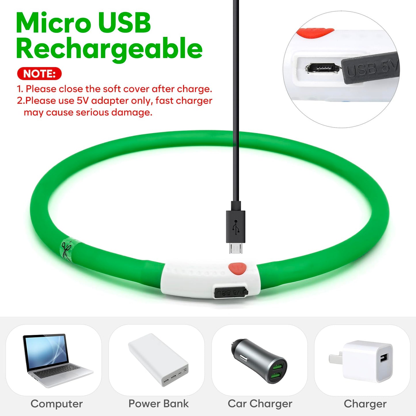 LED Dog Collar - HIGO Light Up Dog Collars Glow in The Dark, USB Rechargeable LED Dog Necklace Light for Your Dogs Walking at Night (Green-Silicone)