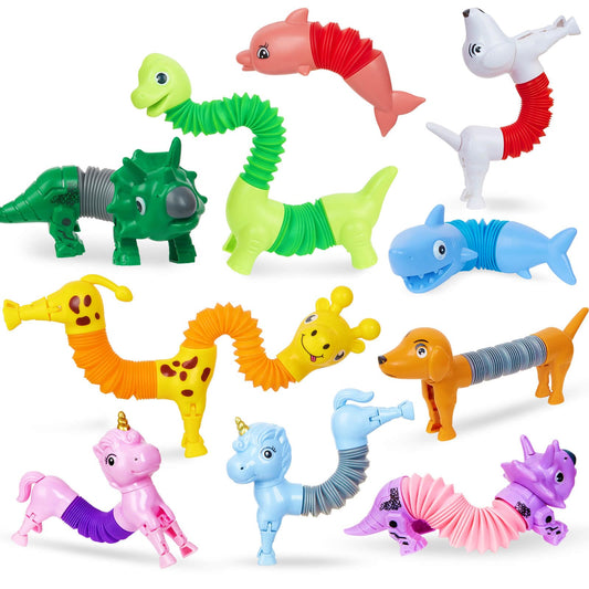 Animal Pop Tubes Fidget Toys 10PCS, Sensory Toys for Autism & Stress Relief, Travel Toys for Car and Airplane, Christmas Stocking Stuffers for Kids & Toddlers