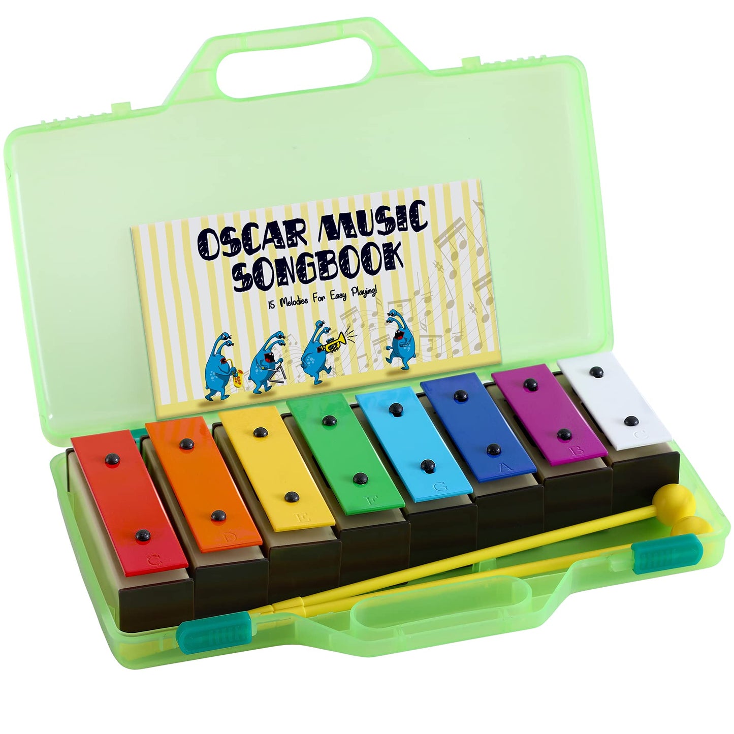 MINIARTIS Glockenspiel Xylophone | 25 Note Colorful Metal Keys Xylophone for Kids | Percussion Musical Instrument | Educational Music Toy Includes Music Songbook, Mallets and Yellow Carry Case