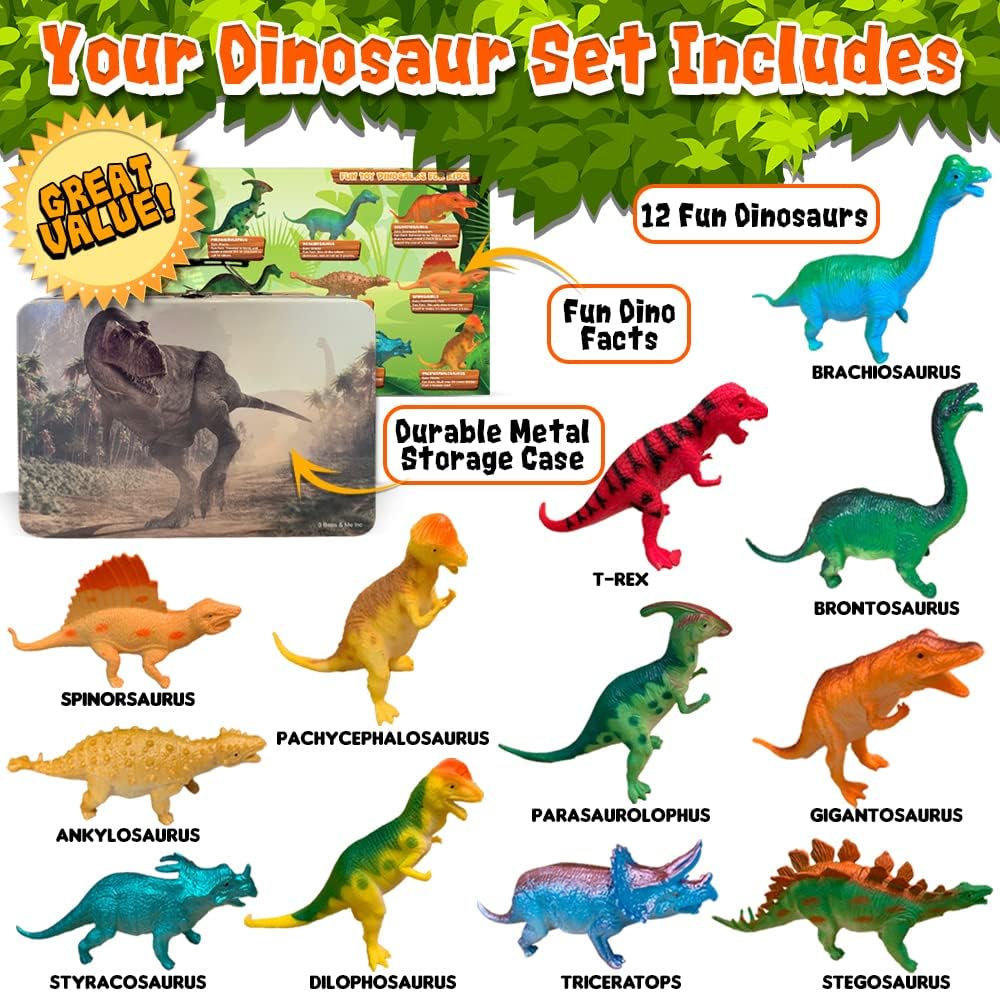 3 Bees & Me Dinosaur Toys for Kids 3-5 & 5-7 Boys & Girls - 12 6" Fun Prehistoric Animal Action Figures with Storage Box, Age 3+, Girls & Boys Dinosaur Toys for Toddlers & Kids