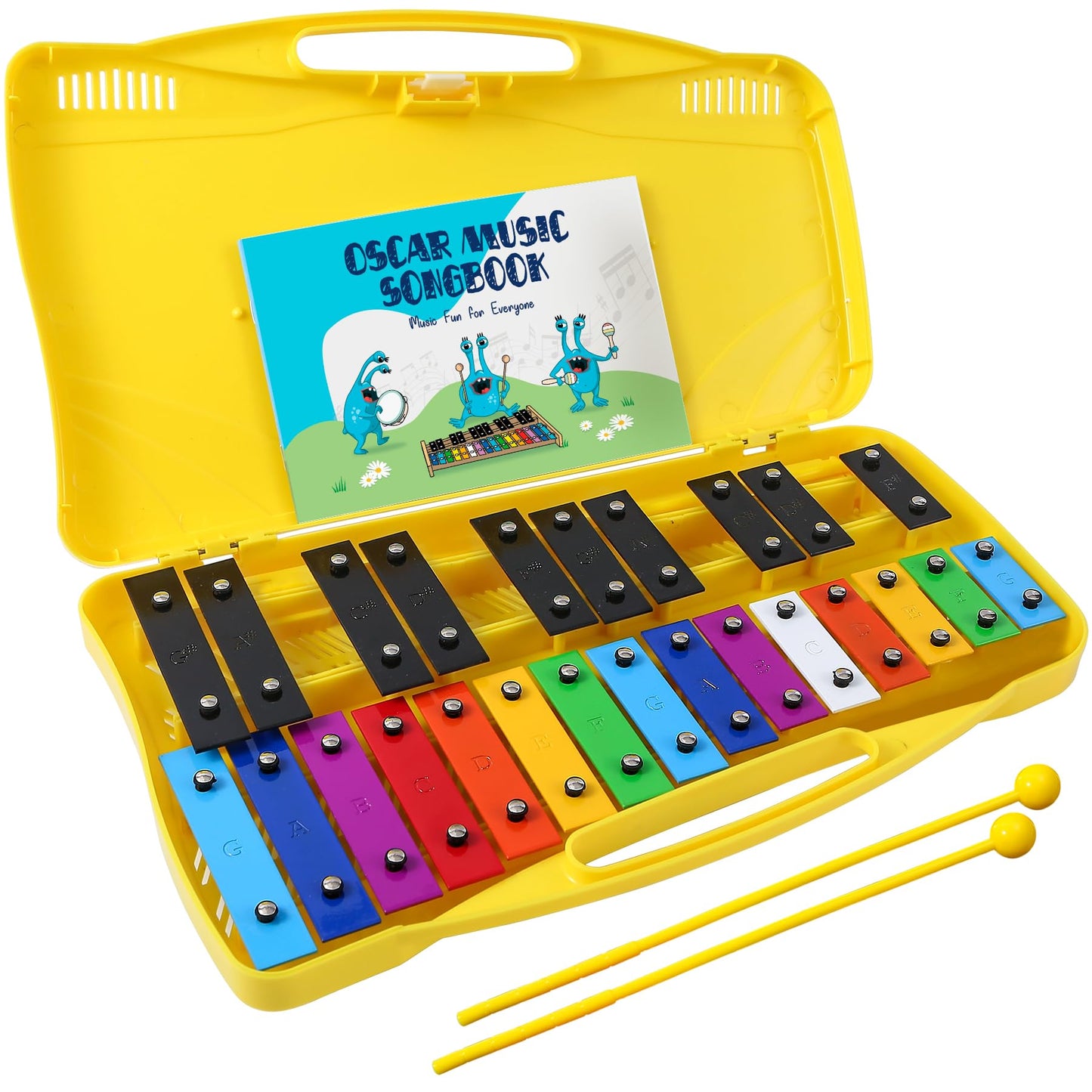 MINIARTIS Glockenspiel Xylophone | 25 Note Colorful Metal Keys Xylophone for Kids | Percussion Musical Instrument | Educational Music Toy Includes Music Songbook, Mallets and Yellow Carry Case