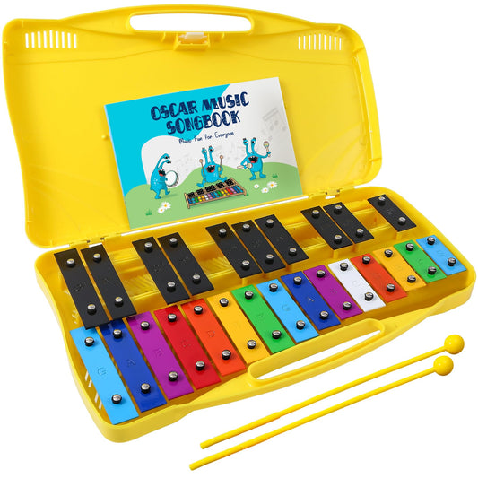 MINIARTIS Glockenspiel Xylophone | 25 Note Colorful Metal Keys Xylophone for Kids | Percussion Musical Instrument | Educational Music Toy Includes Music Songbook, Mallets and Yellow Carry Case