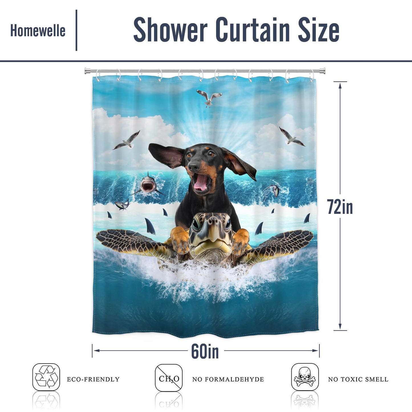 Homewelle Funny Dog Corgi Ocean Shower Curtain Riding Shark 72Wx72H Inch Sea Waves Seagull Fish Cool Animal Surfing Blue Cute Kids Waterproof Polyester Fabric Bathroom Bathtub