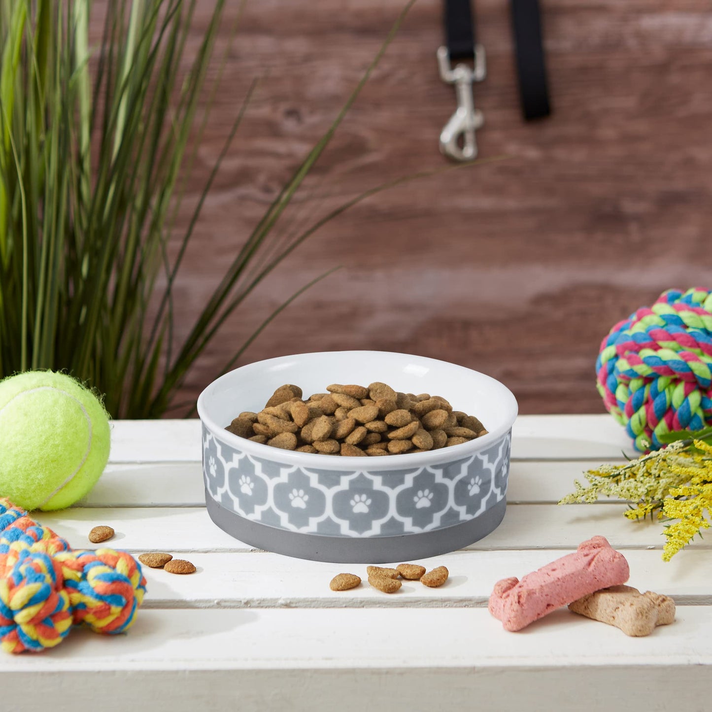 Bone Dry Paw Print Ceramic Pet Bowl, Lattice Collection, Large Set, 7.5x2.4", Aqua, 2 Count