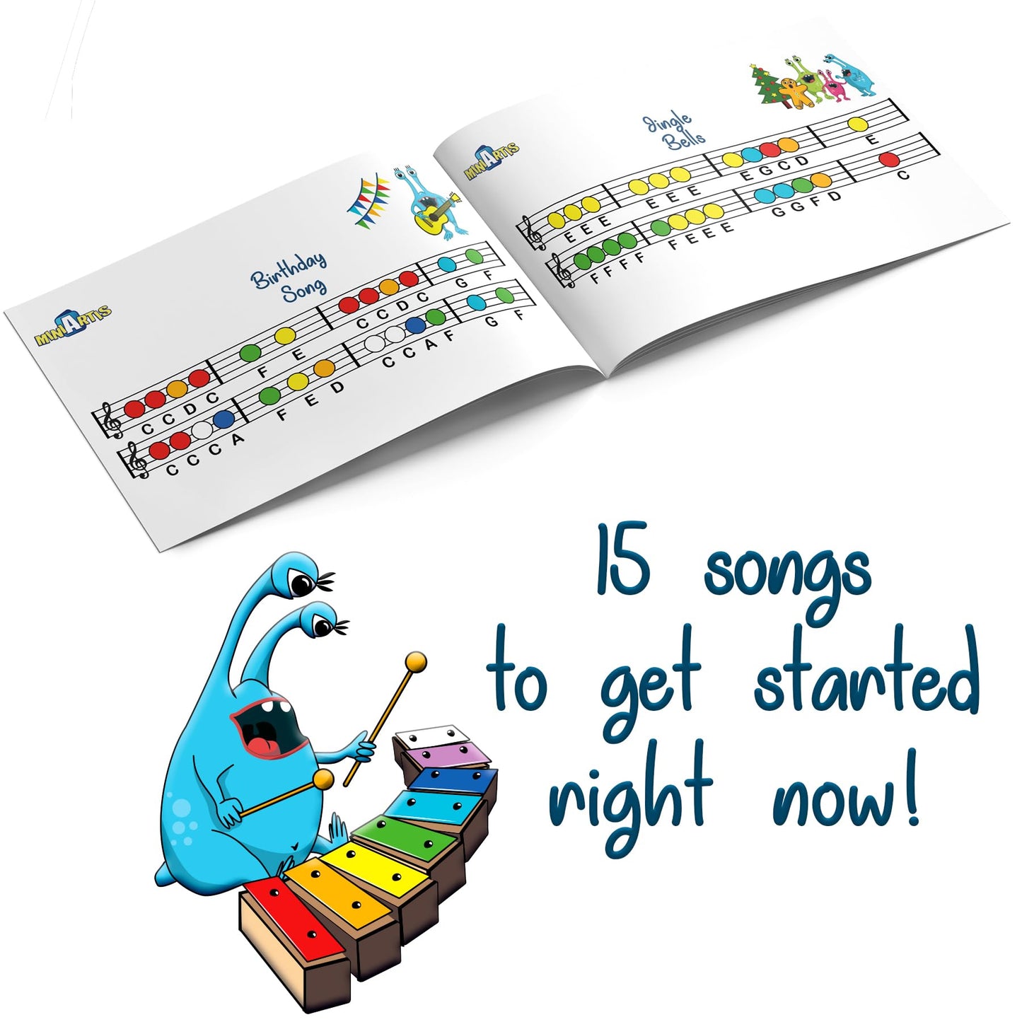 MINIARTIS Glockenspiel Xylophone | 25 Note Colorful Metal Keys Xylophone for Kids | Percussion Musical Instrument | Educational Music Toy Includes Music Songbook, Mallets and Yellow Carry Case