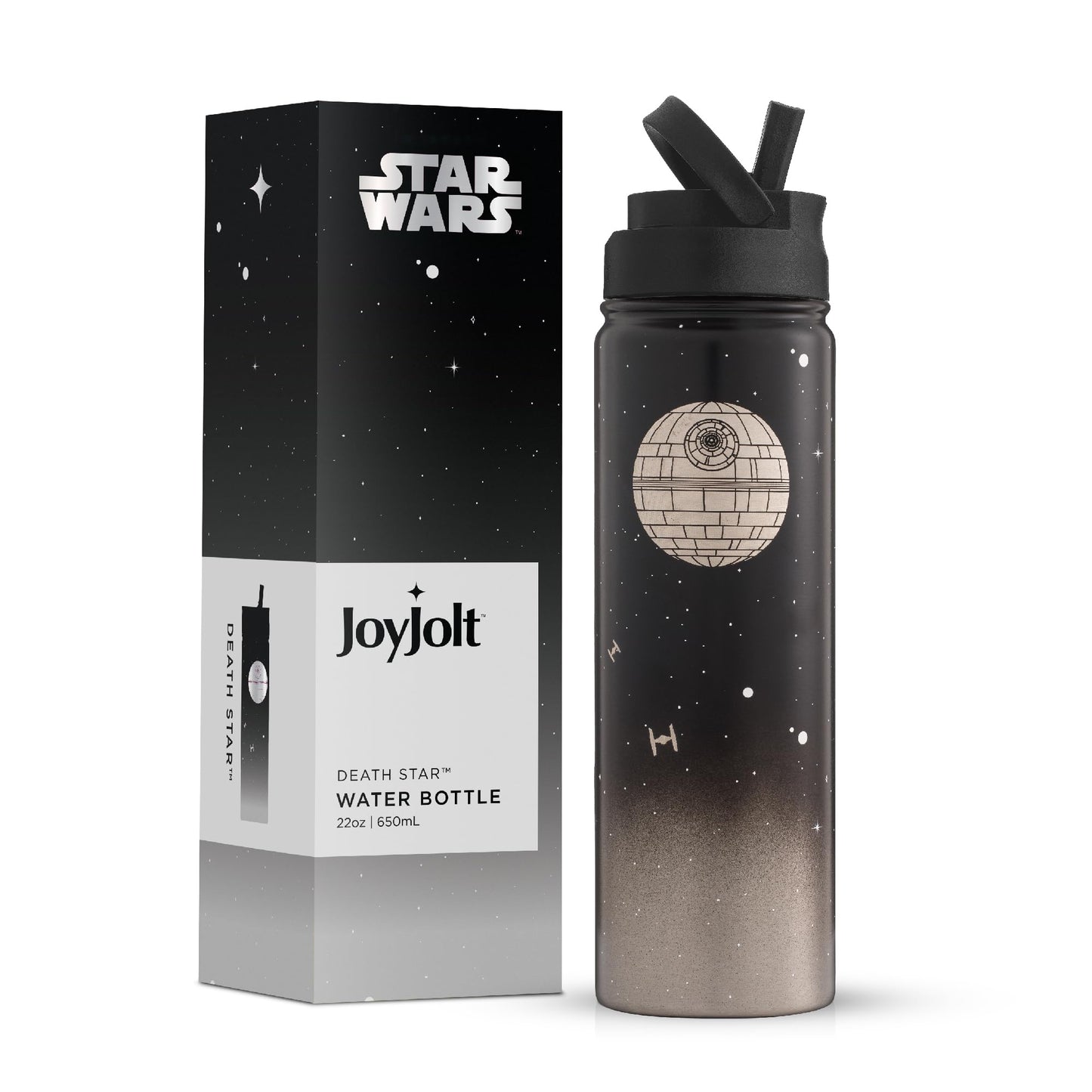JoyJolt Stainless Steel 22 oz Star Wars Water Bottle with Straw Lid, BPA-Free Sports and Travel Vacuum Insulated Water Bottle, Destination Collection Death Star Bottle, Star Wars Gifts