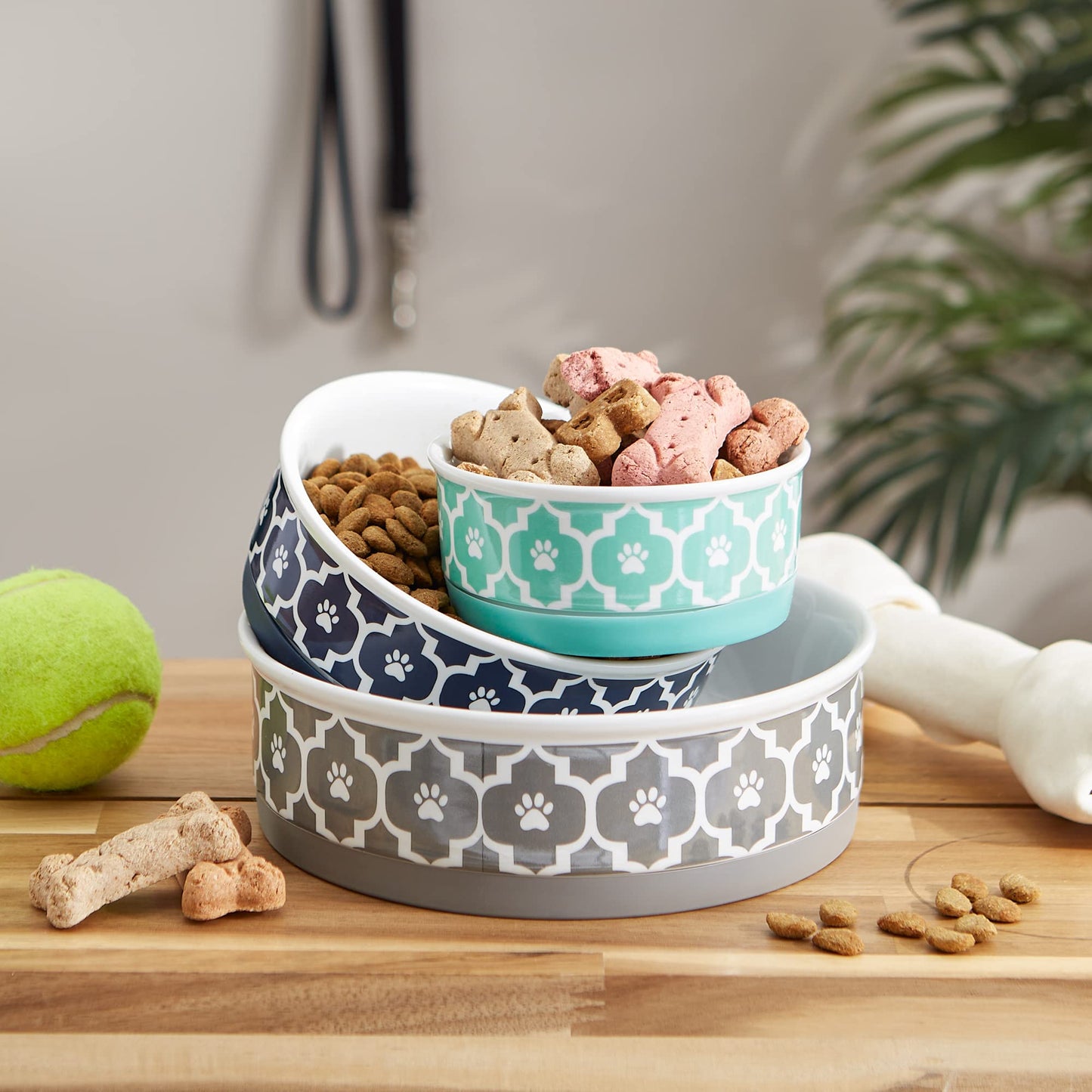Bone Dry Paw Print Ceramic Pet Bowl, Lattice Collection, Large Set, 7.5x2.4", Aqua, 2 Count
