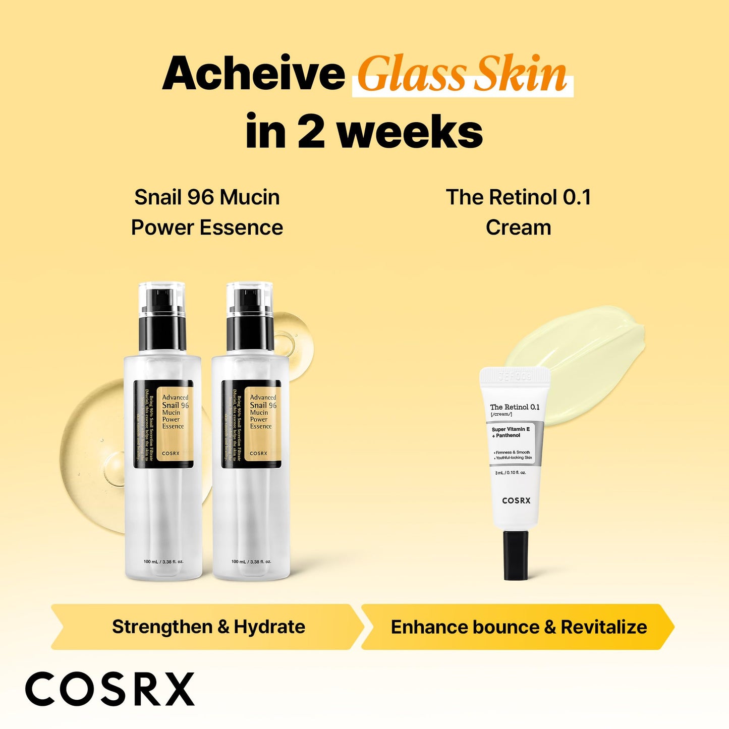 COSRX Snail 96% Mucin Power Essence 2ea & Retinol 0.1% Cream Mini Sample 1ea, Glass Skin Starter Set, Amazon Exclusive, Daily Hydrating & Firming Korean Skin Care Kit, Gift Set, Stocking Stuffers