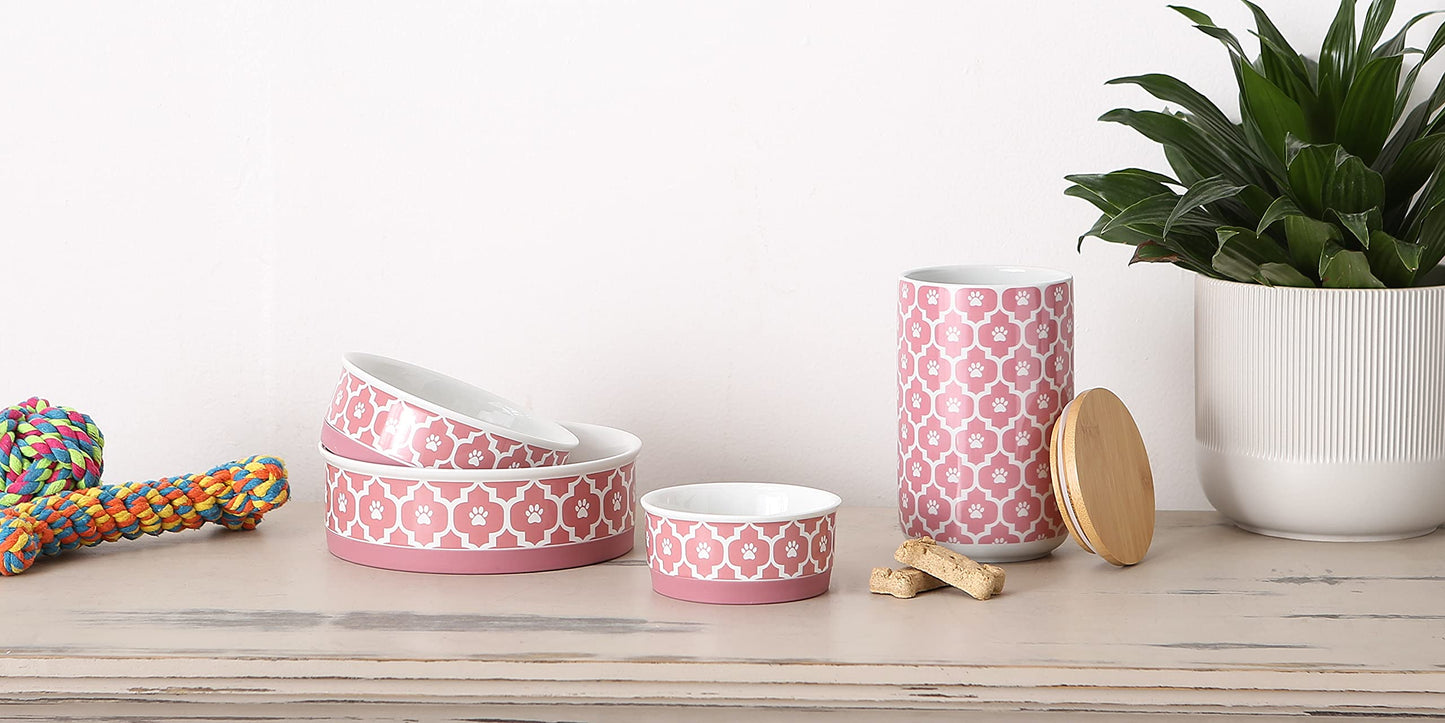 Bone Dry Paw Print Ceramic Pet Bowl, Lattice Collection, Large Set, 7.5x2.4", Aqua, 2 Count