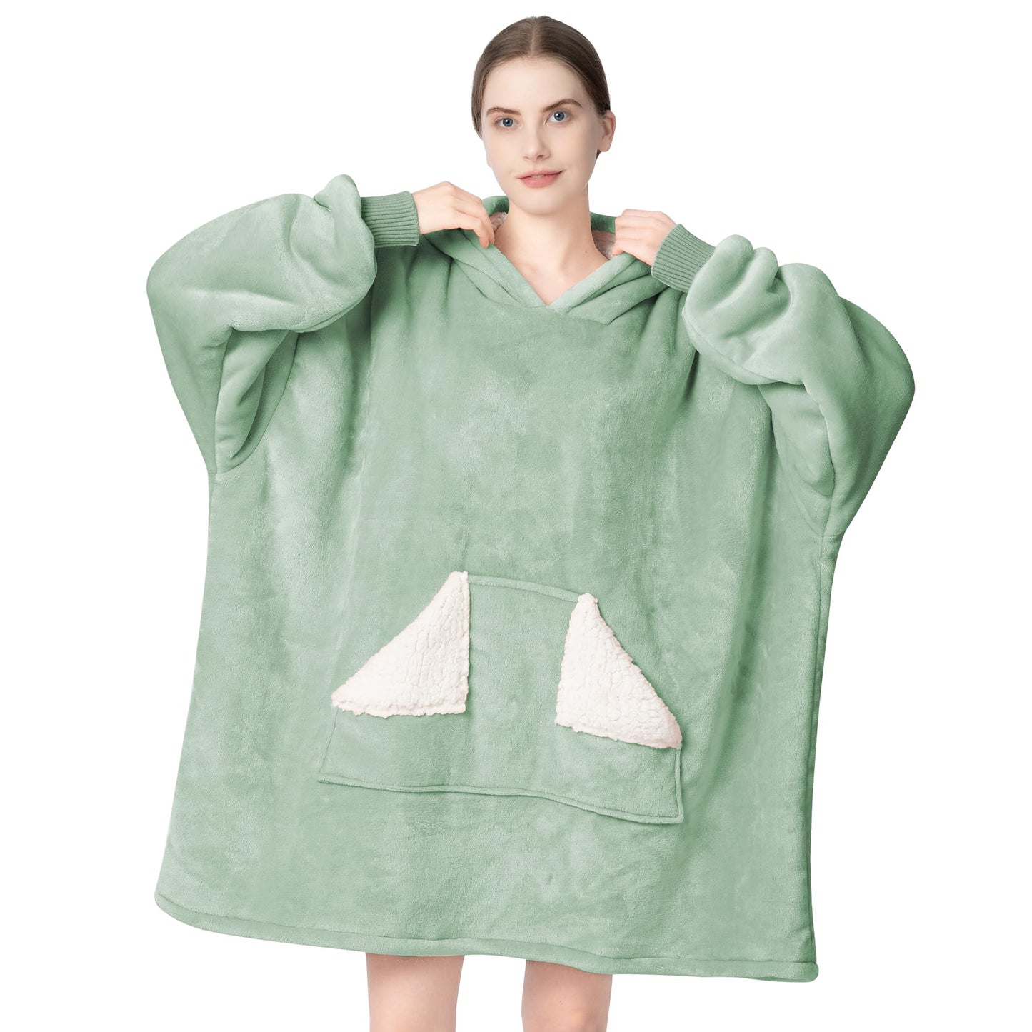 Touchat Wearable Blanket Hoodie, Oversized Sherpa Fleece Sweatshirt Blanket with Giant Hood Pocket and Sleeves for Adult, Warm & Cozy Grey Blanket Gifts for Women