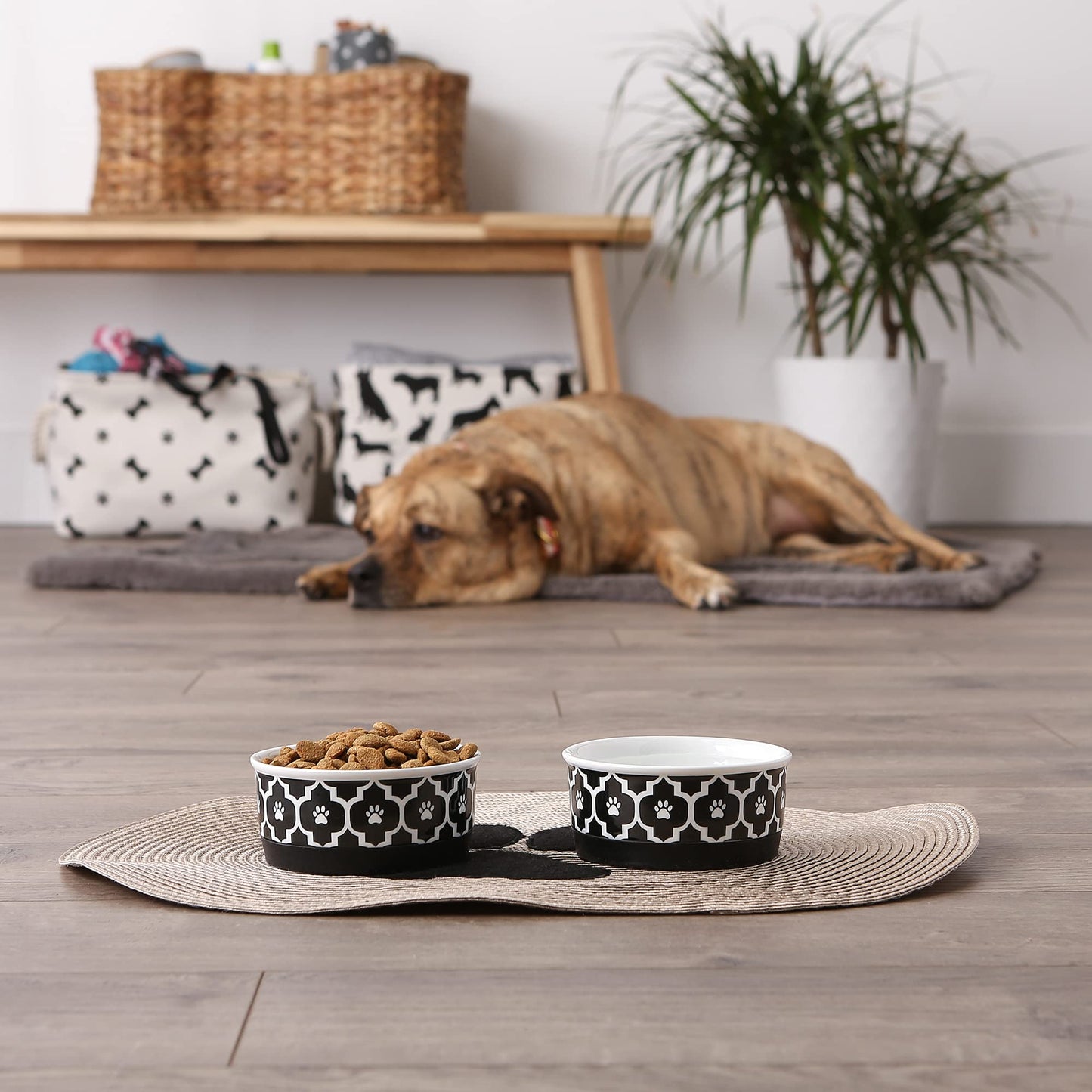 Bone Dry Paw Print Ceramic Pet Bowl, Lattice Collection, Large Set, 7.5x2.4", Aqua, 2 Count