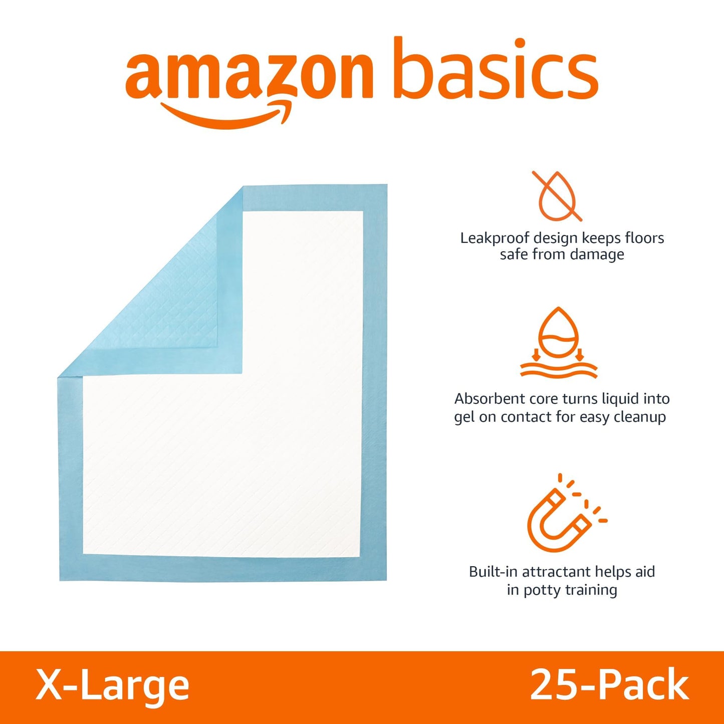 Amazon Basics Heavy Duty Dog and Puppy Pee Pads, 5-Layer Leak-Proof Ultra Absorbent, Quick-Dry Surface, Potty Training, Regular (24x23"), 50 Count, Blue & White