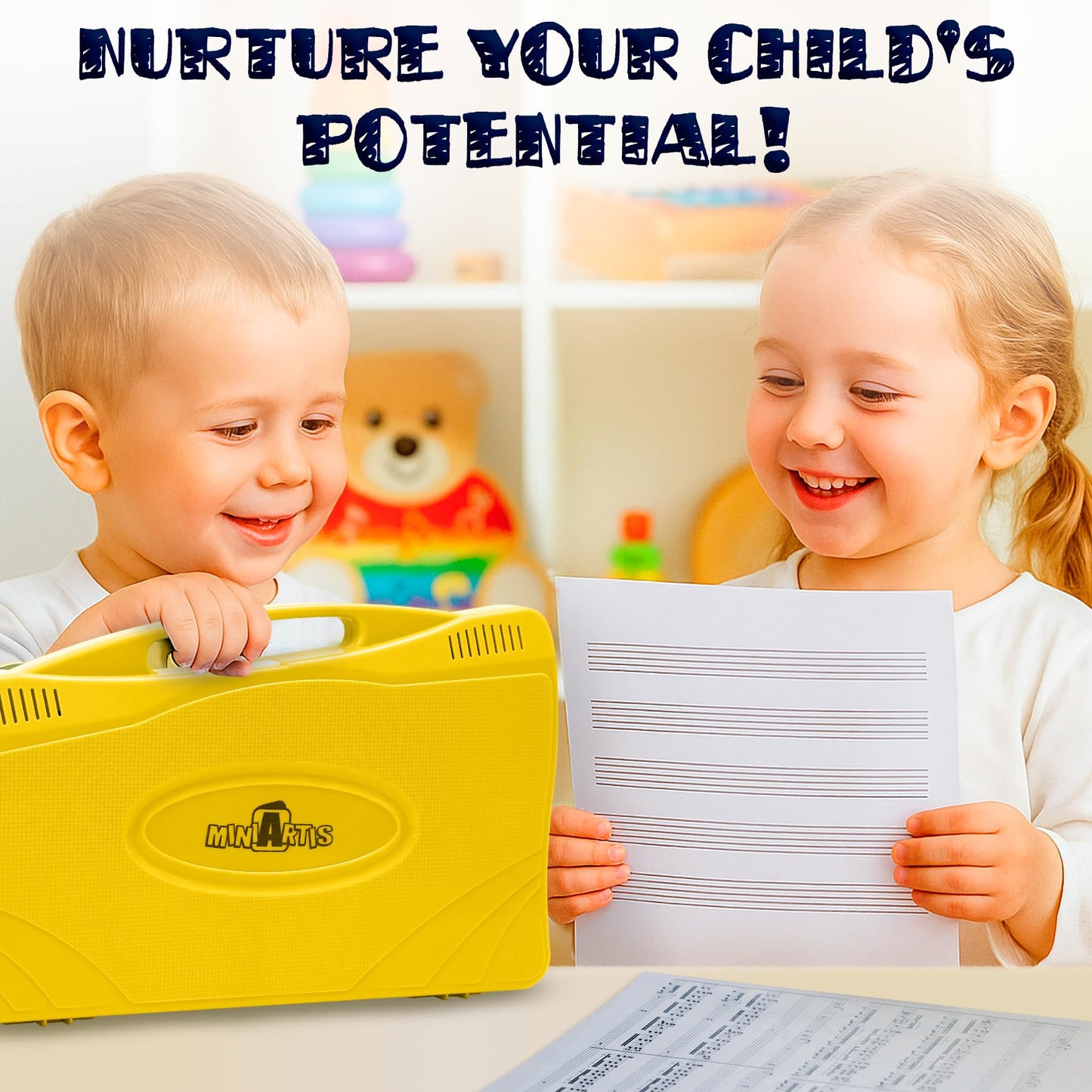 MINIARTIS Glockenspiel Xylophone | 25 Note Colorful Metal Keys Xylophone for Kids | Percussion Musical Instrument | Educational Music Toy Includes Music Songbook, Mallets and Yellow Carry Case