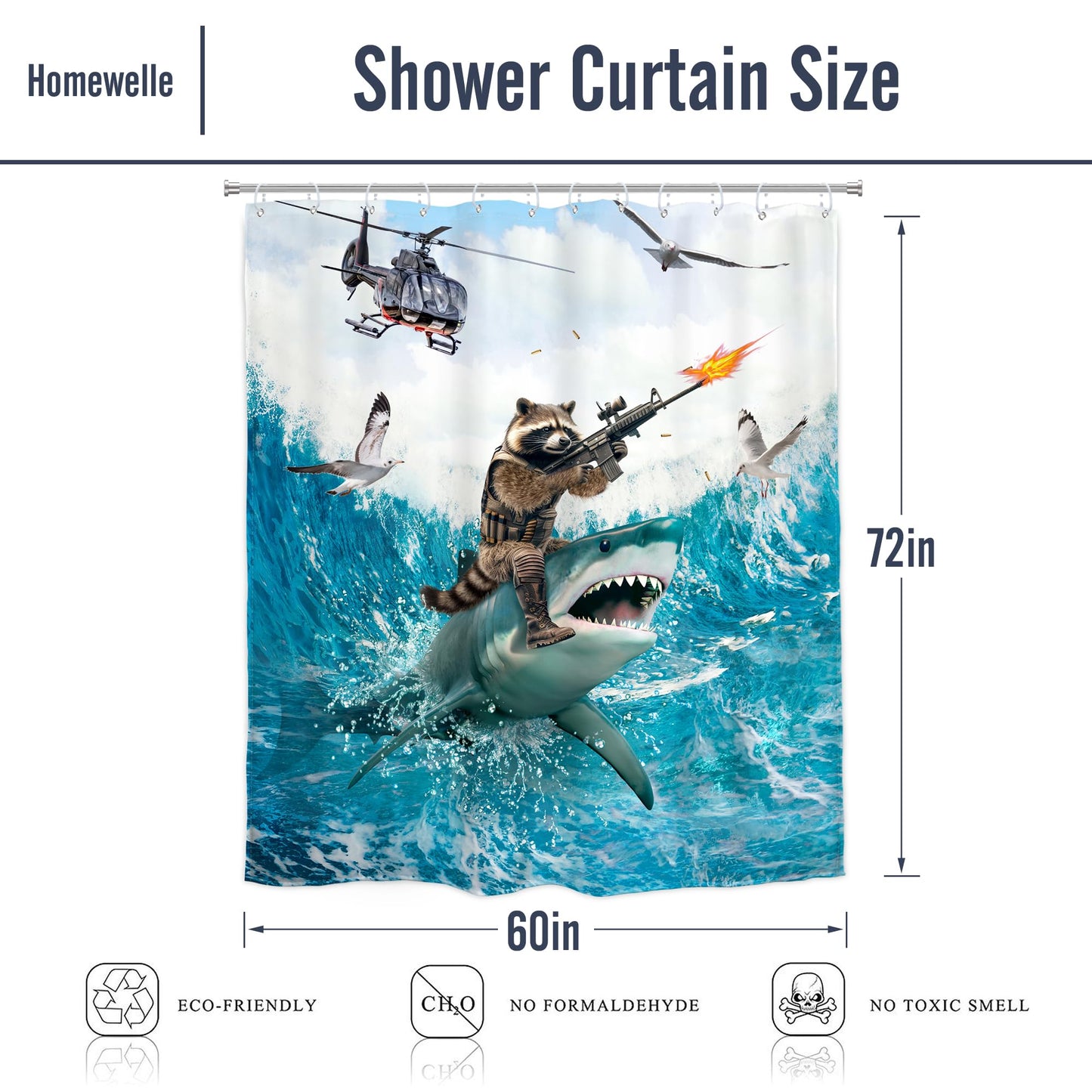 Homewelle Funny Dog Corgi Ocean Shower Curtain Riding Shark 72Wx72H Inch Sea Waves Seagull Fish Cool Animal Surfing Blue Cute Kids Waterproof Polyester Fabric Bathroom Bathtub