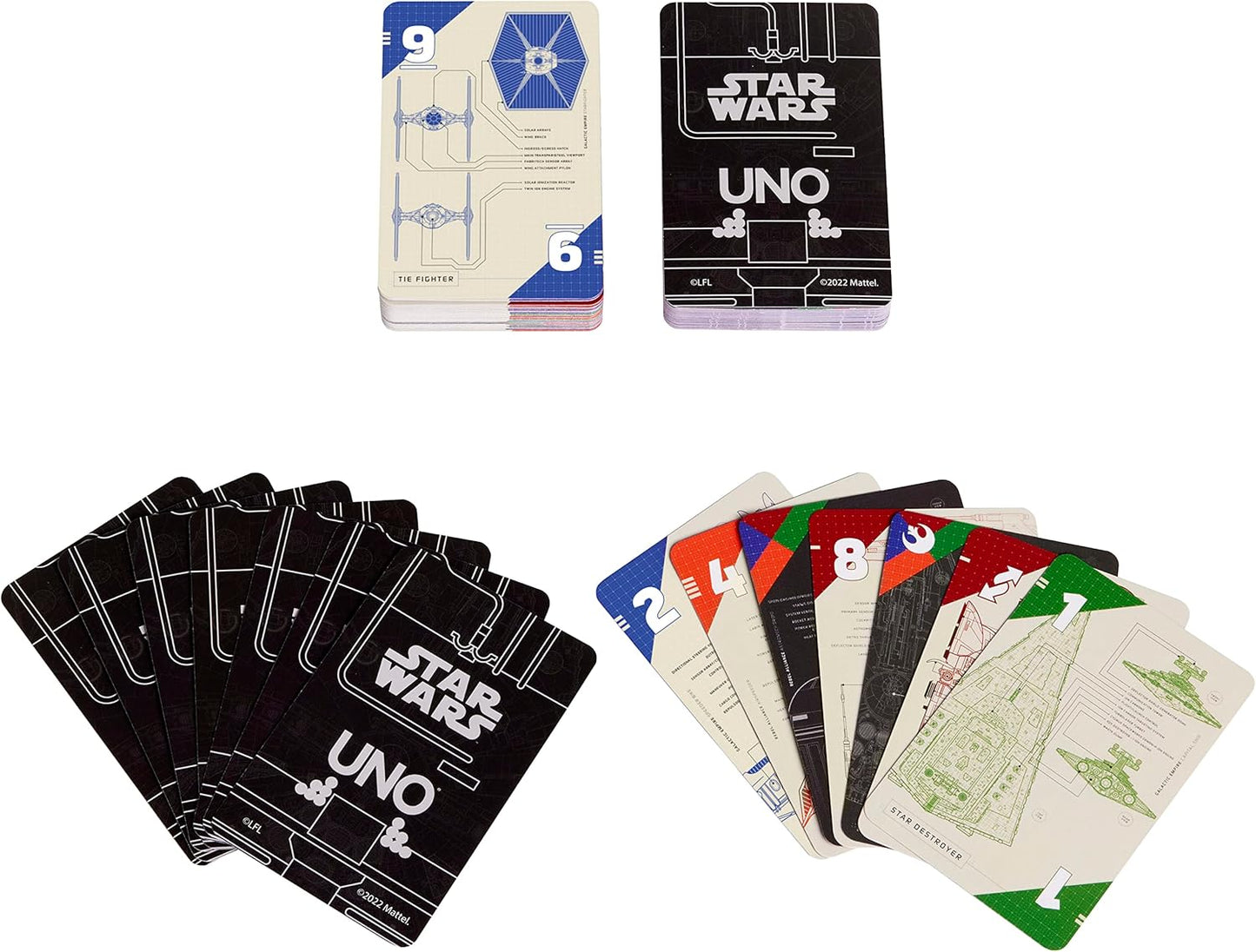 Mattel Games UNO Star Wars Technical Schematics Card Game for Kids & Adults with Blueprints of Space Stations, Ships & Droids