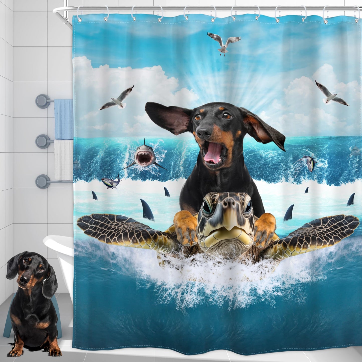 Homewelle Funny Dog Corgi Ocean Shower Curtain Riding Shark 72Wx72H Inch Sea Waves Seagull Fish Cool Animal Surfing Blue Cute Kids Waterproof Polyester Fabric Bathroom Bathtub