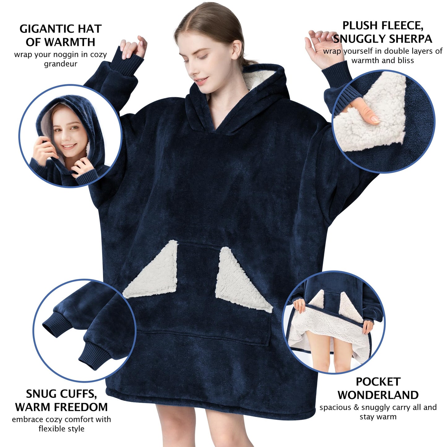 Touchat Wearable Blanket Hoodie, Oversized Sherpa Fleece Sweatshirt Blanket with Giant Hood Pocket and Sleeves for Adult, Warm & Cozy Grey Blanket Gifts for Women