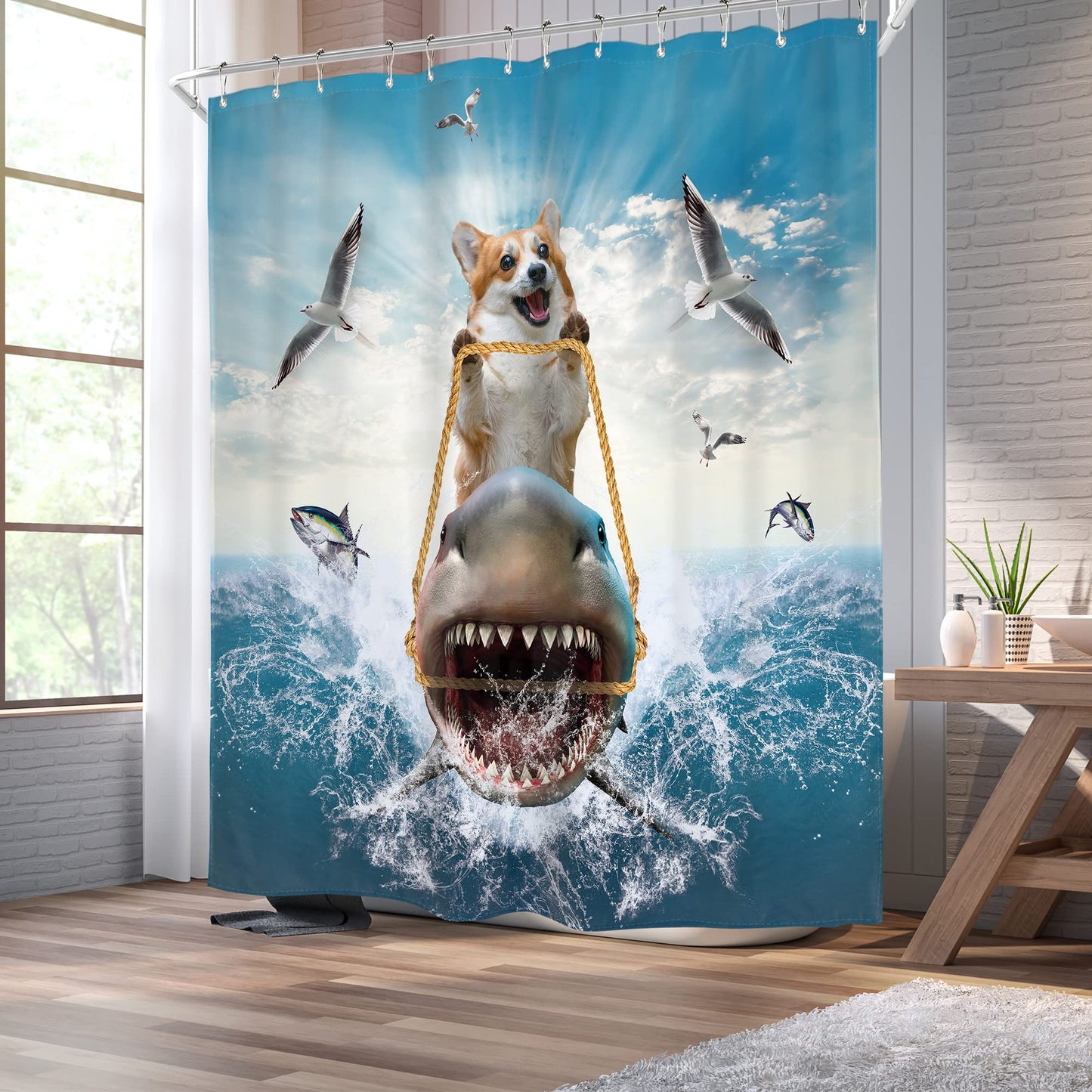 Homewelle Funny Dog Corgi Ocean Shower Curtain Riding Shark 72Wx72H Inch Sea Waves Seagull Fish Cool Animal Surfing Blue Cute Kids Waterproof Polyester Fabric Bathroom Bathtub