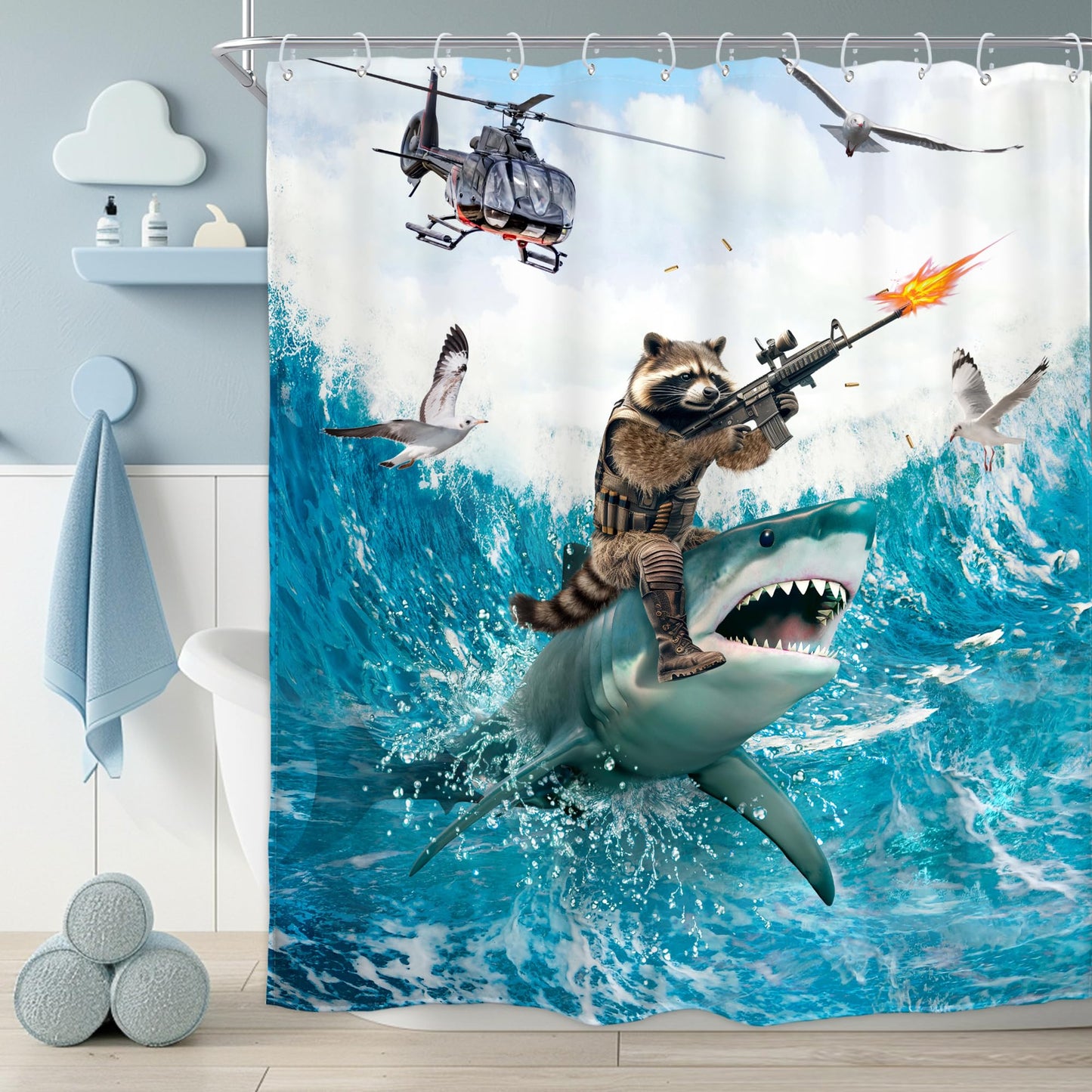 Homewelle Funny Dog Corgi Ocean Shower Curtain Riding Shark 72Wx72H Inch Sea Waves Seagull Fish Cool Animal Surfing Blue Cute Kids Waterproof Polyester Fabric Bathroom Bathtub